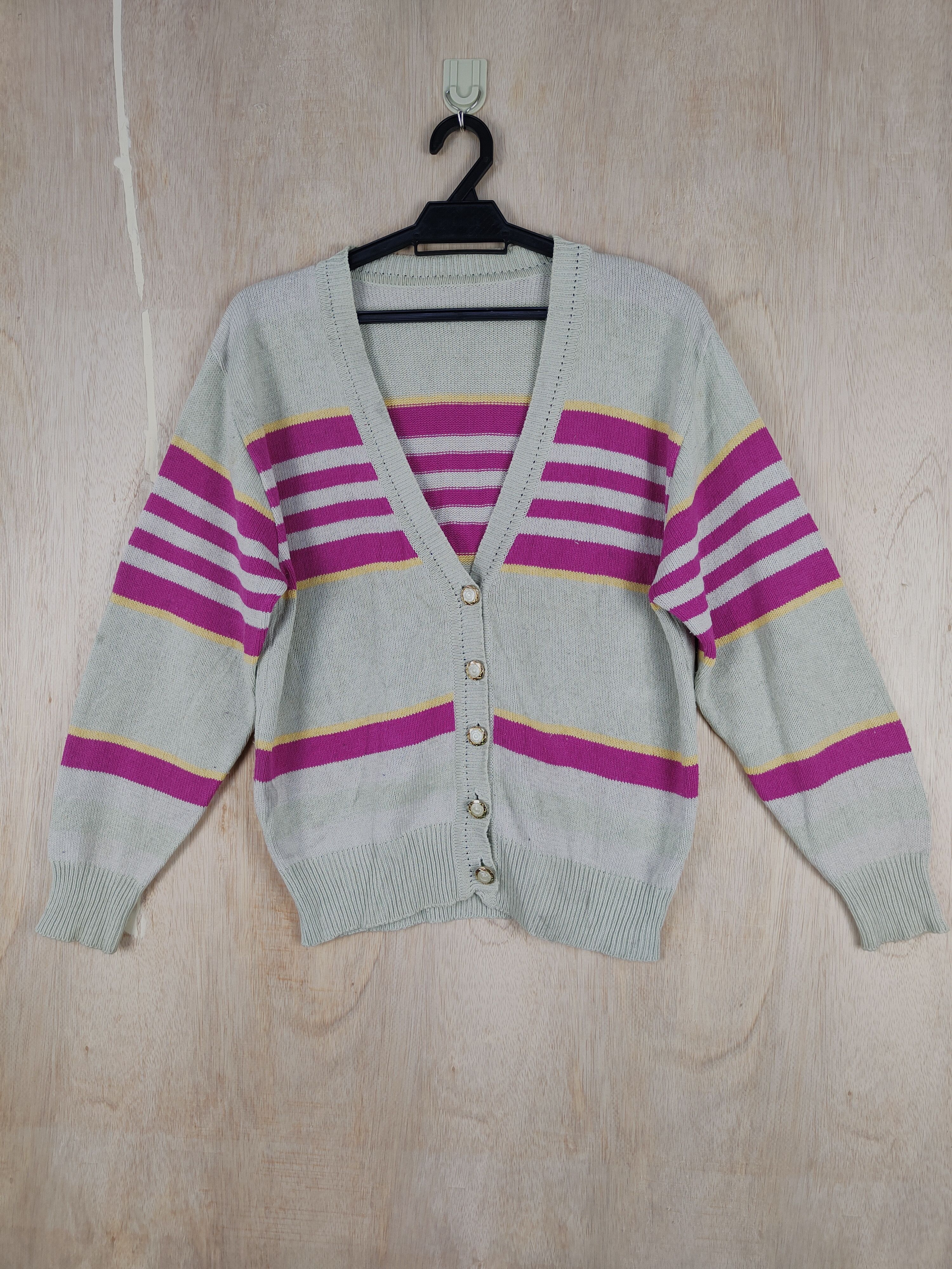 Homespun Knitwear × Vintage Japan knitwear stripe Gray/Pink Cardigan #S311 Size US M / EU 48-50 / 2 - 1 Thumbnail