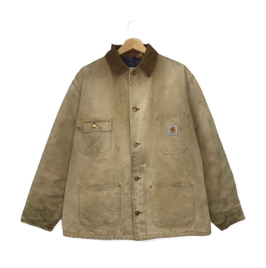 Top Carhartt Chore Canvas Vintage Work Jacket Size Large Tan Distressed