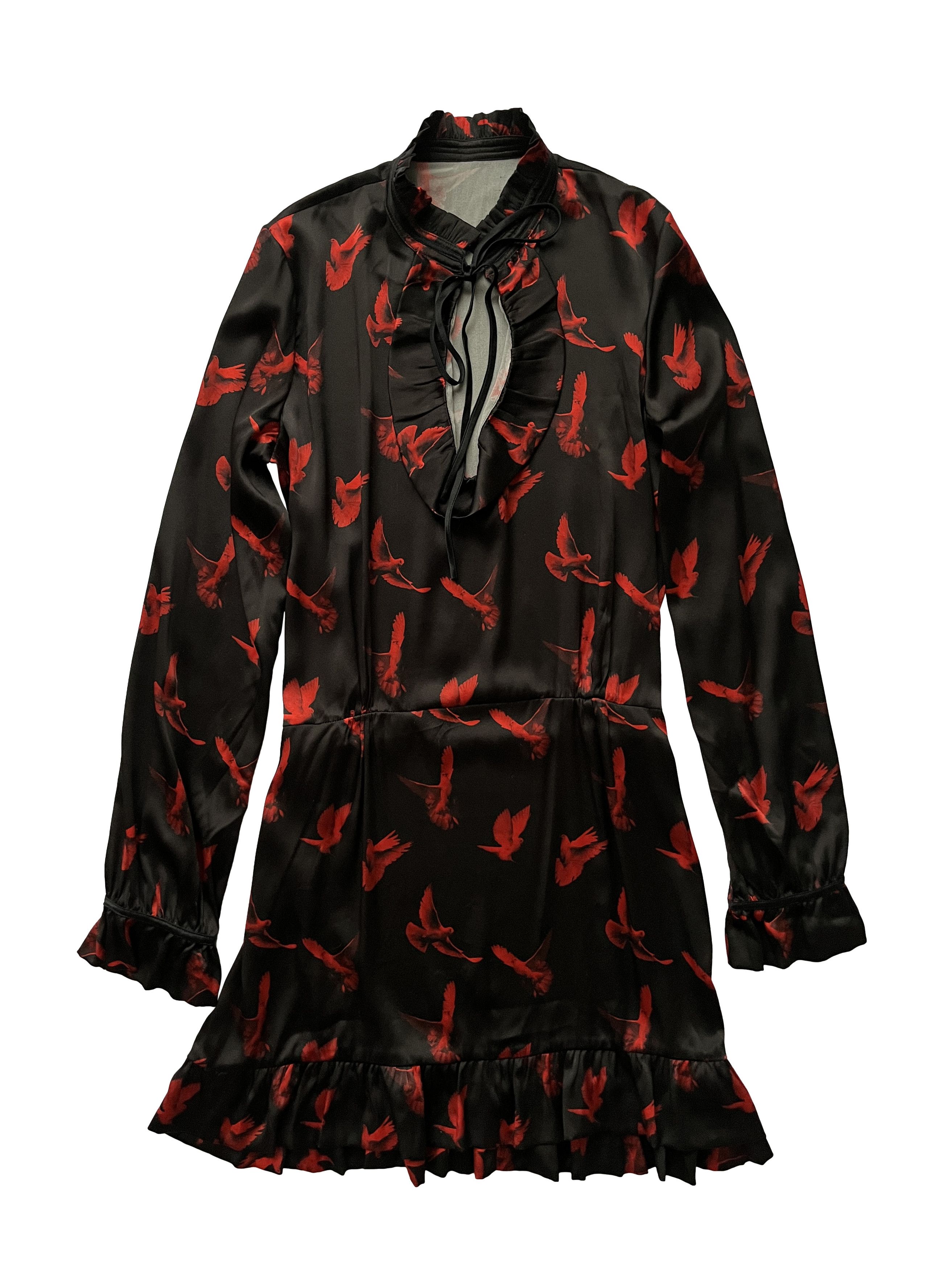 ⚡️QUICK SALE⚡️Amiri Black Red Doves Silk Ruffled Mini Dress