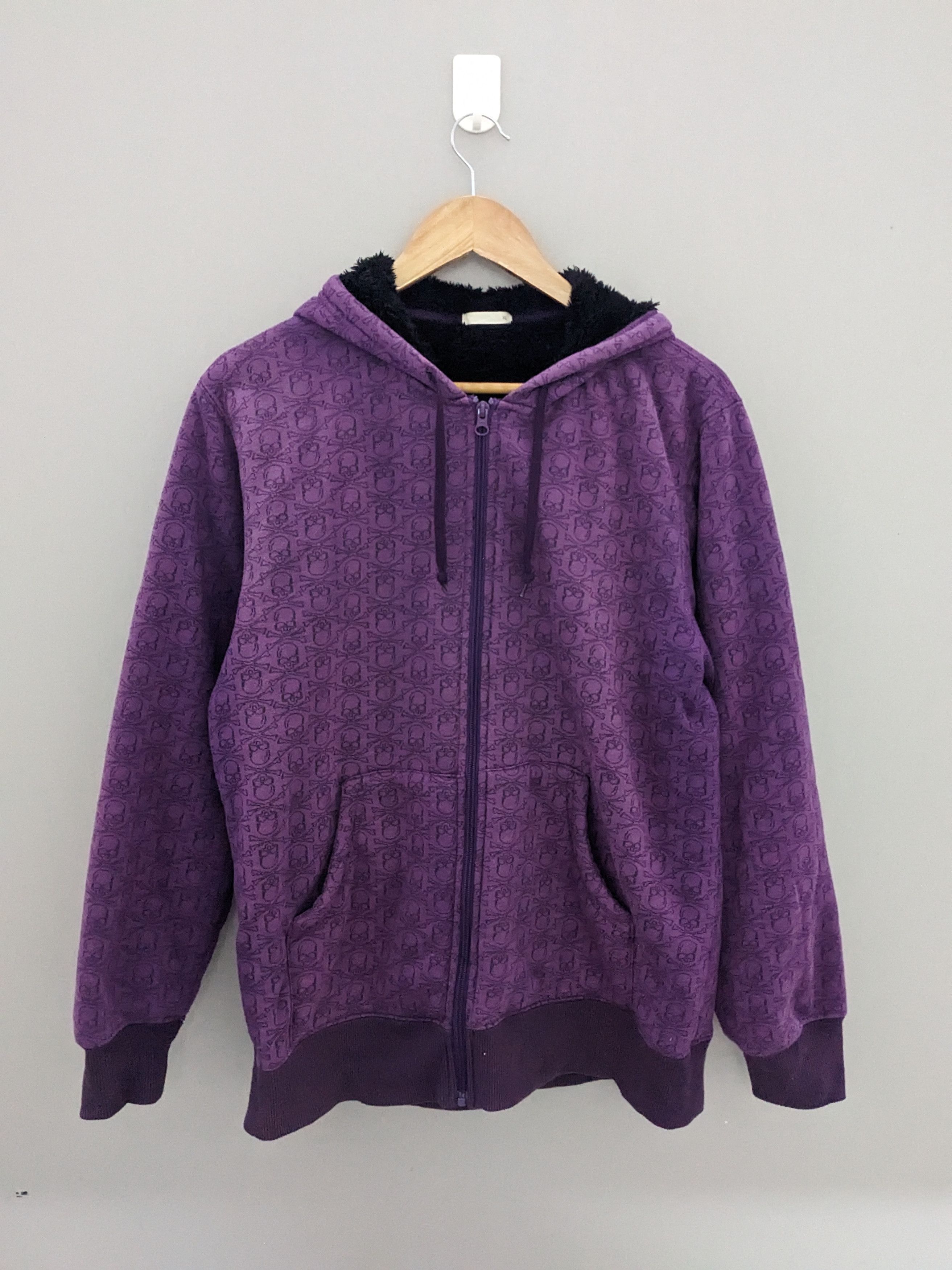image of Overprint Skulls Sherpa Lining Mens Zipper Jacket Hoodie in Purple (Size Large)