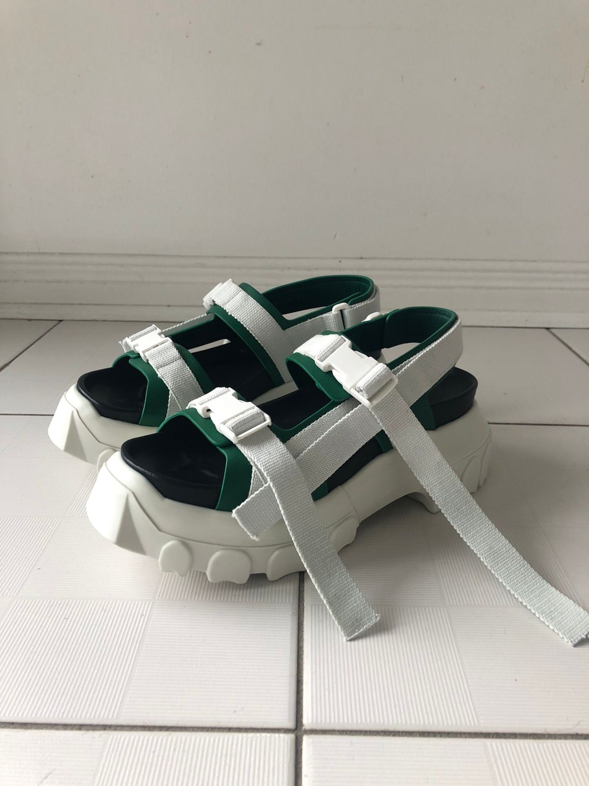 Pre-owned Rick Owens New Sz37 Tractor Sandals Hiking Strap Spartan White Green