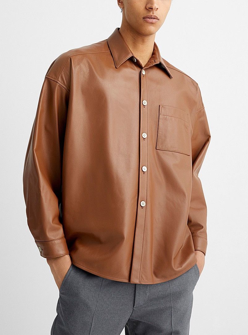image of Marni New 48 Cognac Brown Lambskin Leather Overshirt Jacket, Men's (Size Medium)