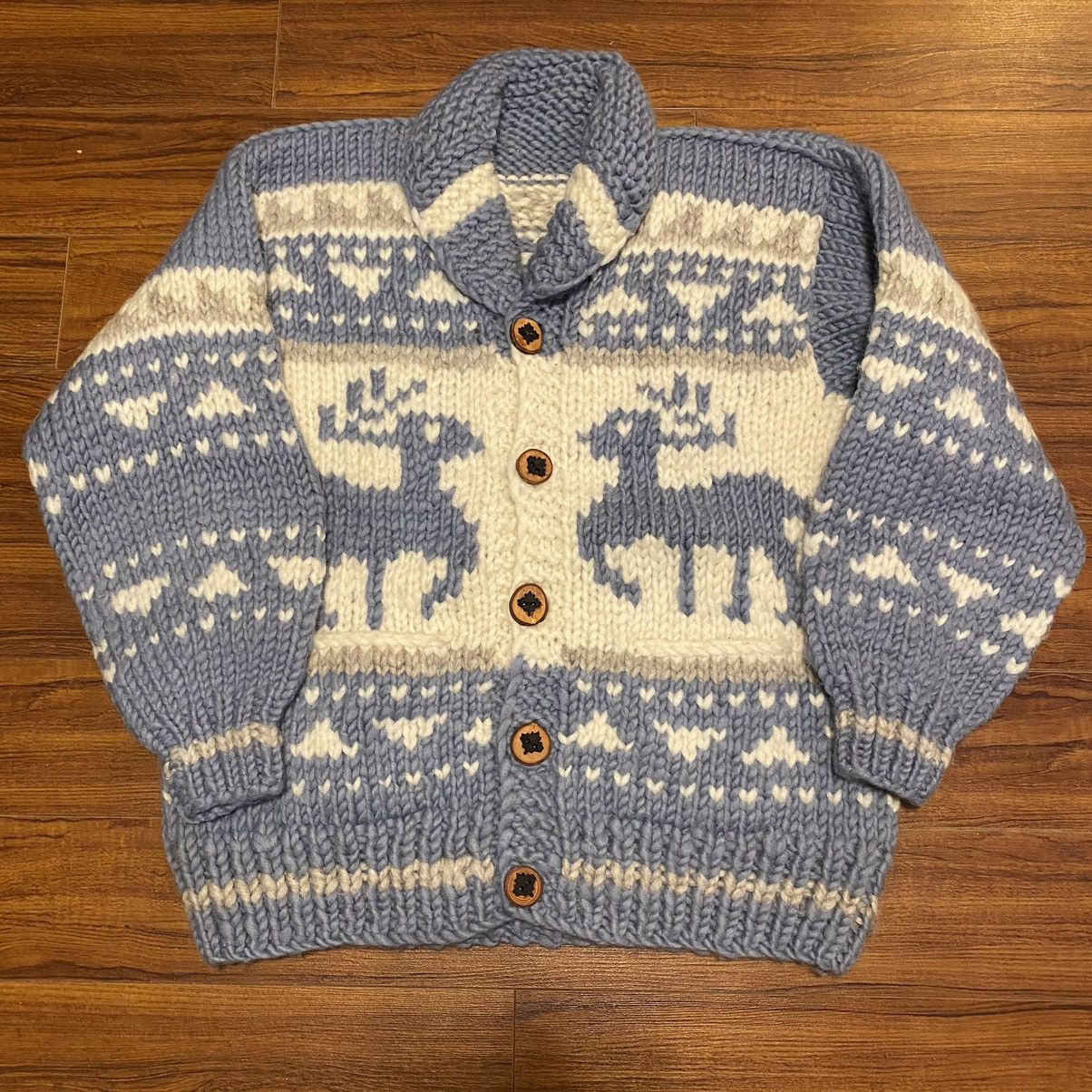 Vintage Cable Knit Cowichan white / blue Elk Sweater sz L Size US L / EU 52-54 / 3 - 1 Thumbnail