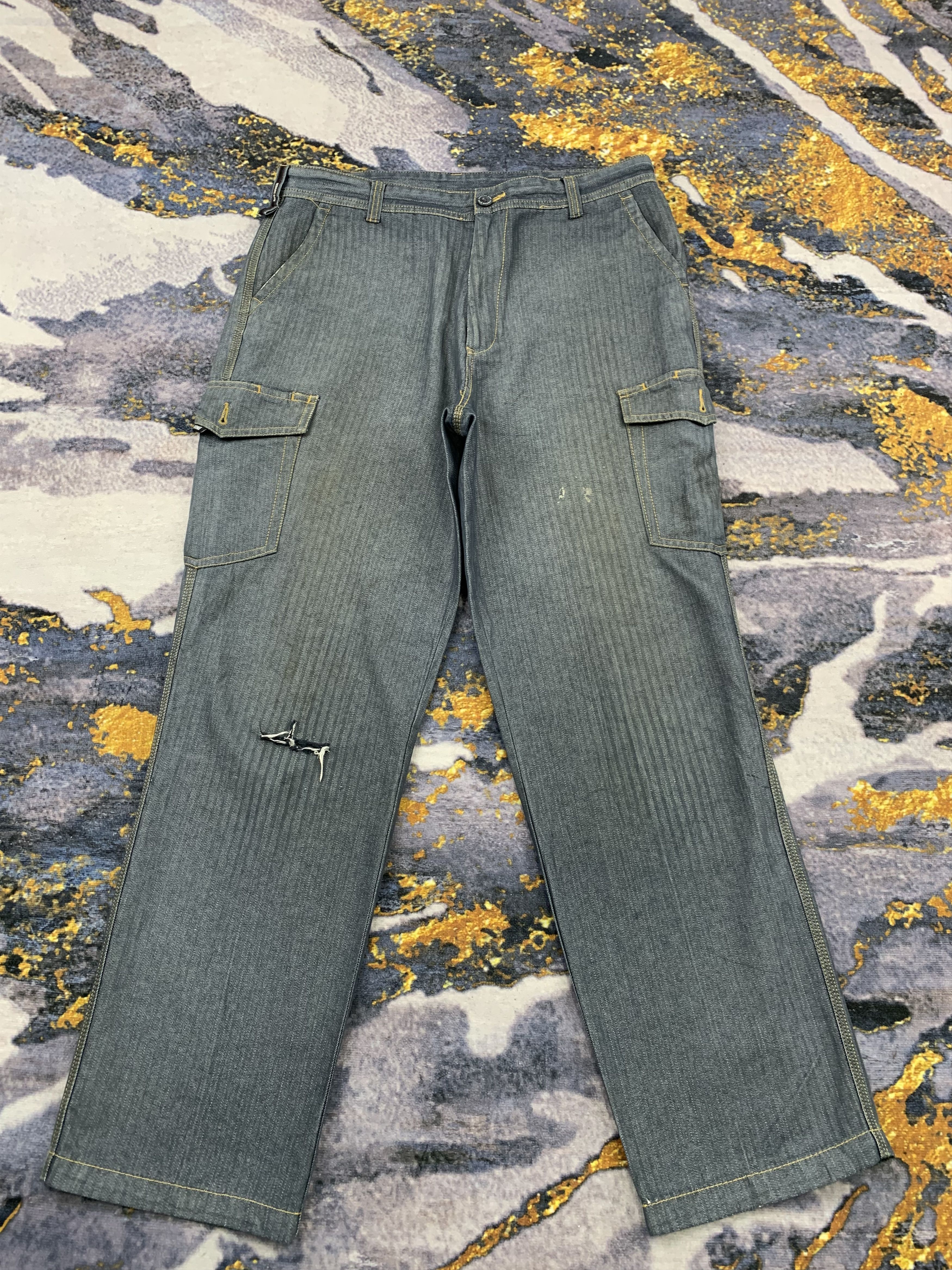image of Vintage Multipocket Faded Blue Cargo Pants in Blue Denim, Men's (Size 35)