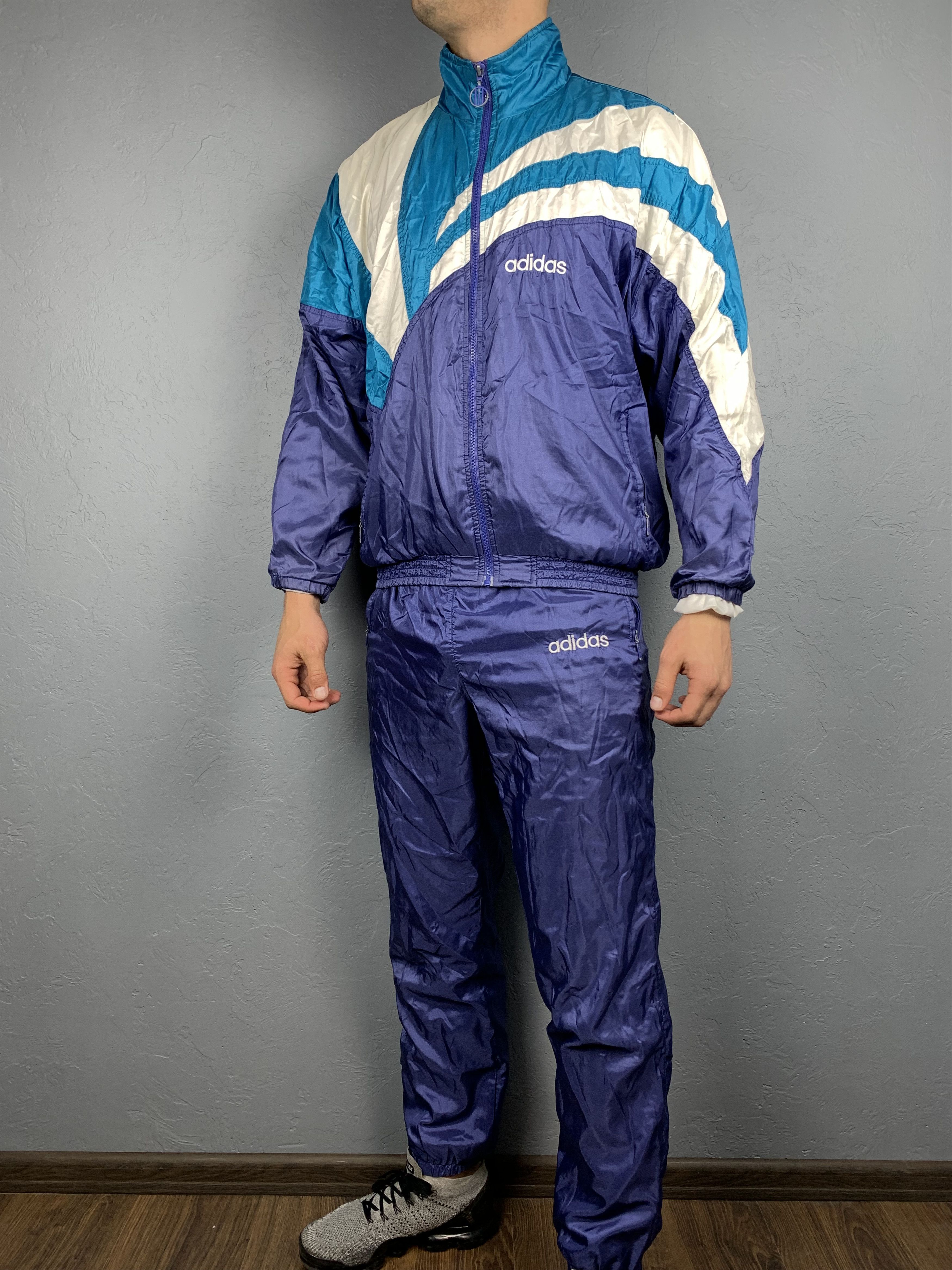 image of Adidas Vintage Mens Nylon Track Suit Jacket + Pants Drill in Blue (Size XL)