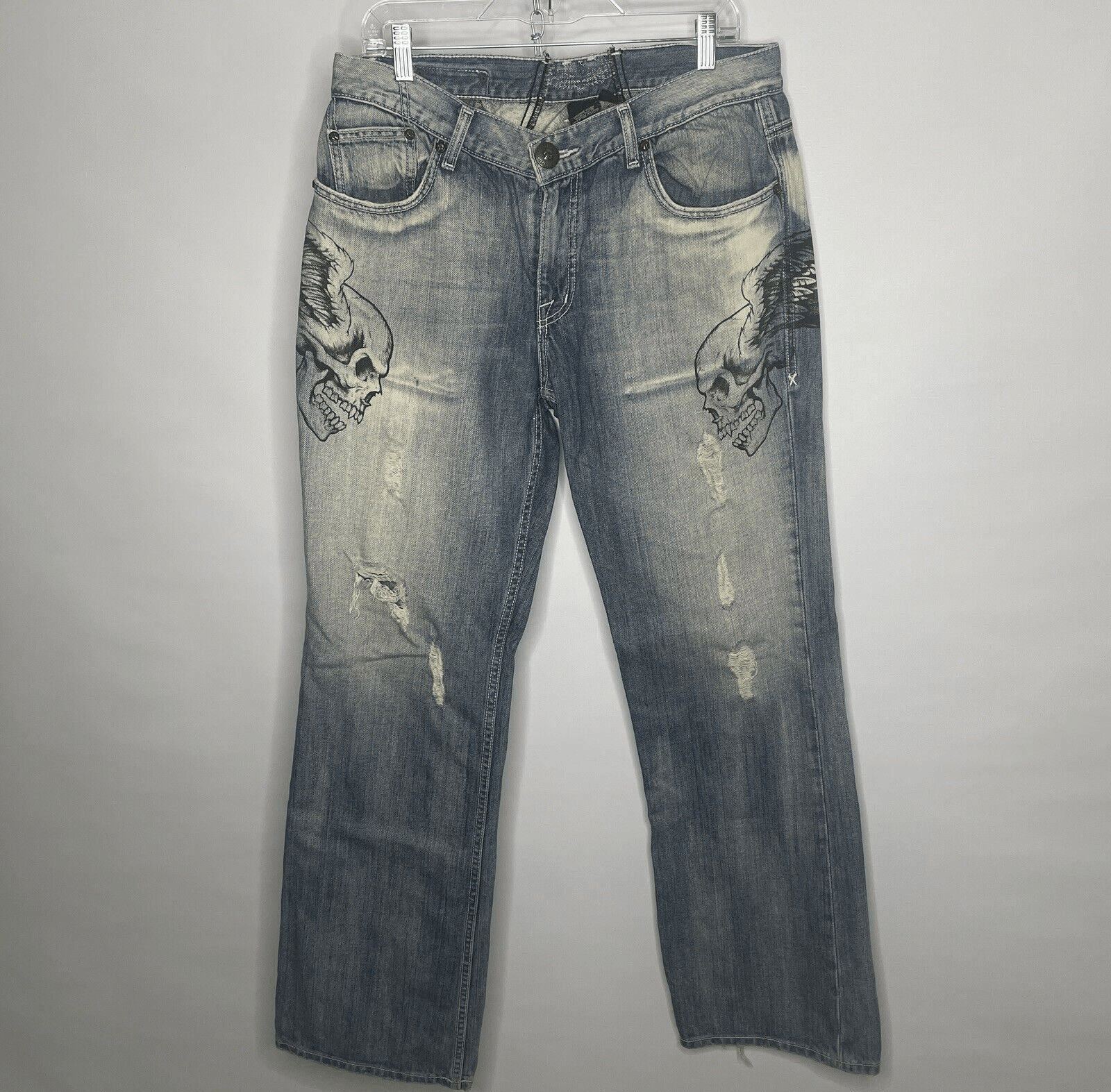 Affliction Painted Skull Wings Jeans Frayed Faded Bleached Distressed ...