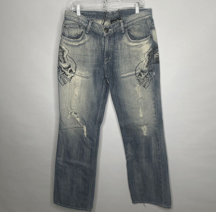 Affliction Painted Skull Wings Jeans Frayed Faded Bleached Distressed ...