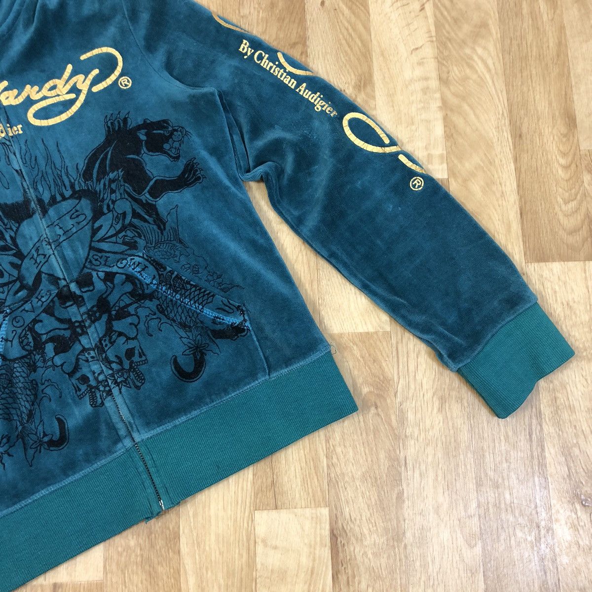 Christian Audigier Rare Vintage Ed Hardy Velvet full Zip Hoodie big logo print Size US L / EU 52-54 / 3 - 7 Thumbnail