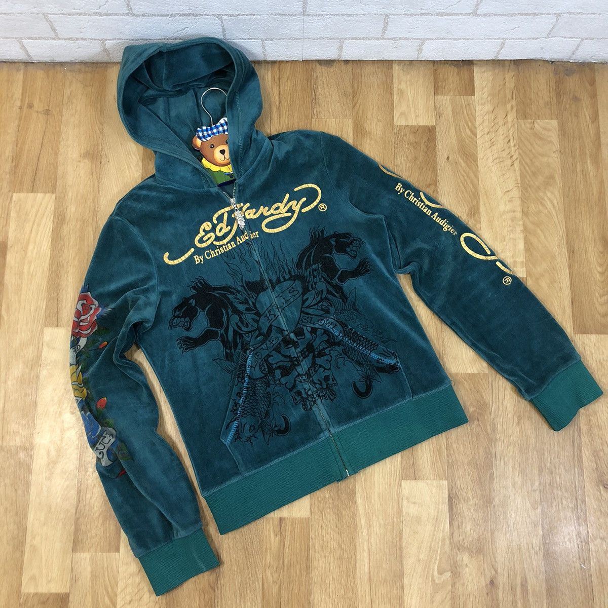 Christian Audigier Rare Vintage Ed Hardy Velvet full Zip Hoodie big logo print Size US L / EU 52-54 / 3 - 5 Thumbnail