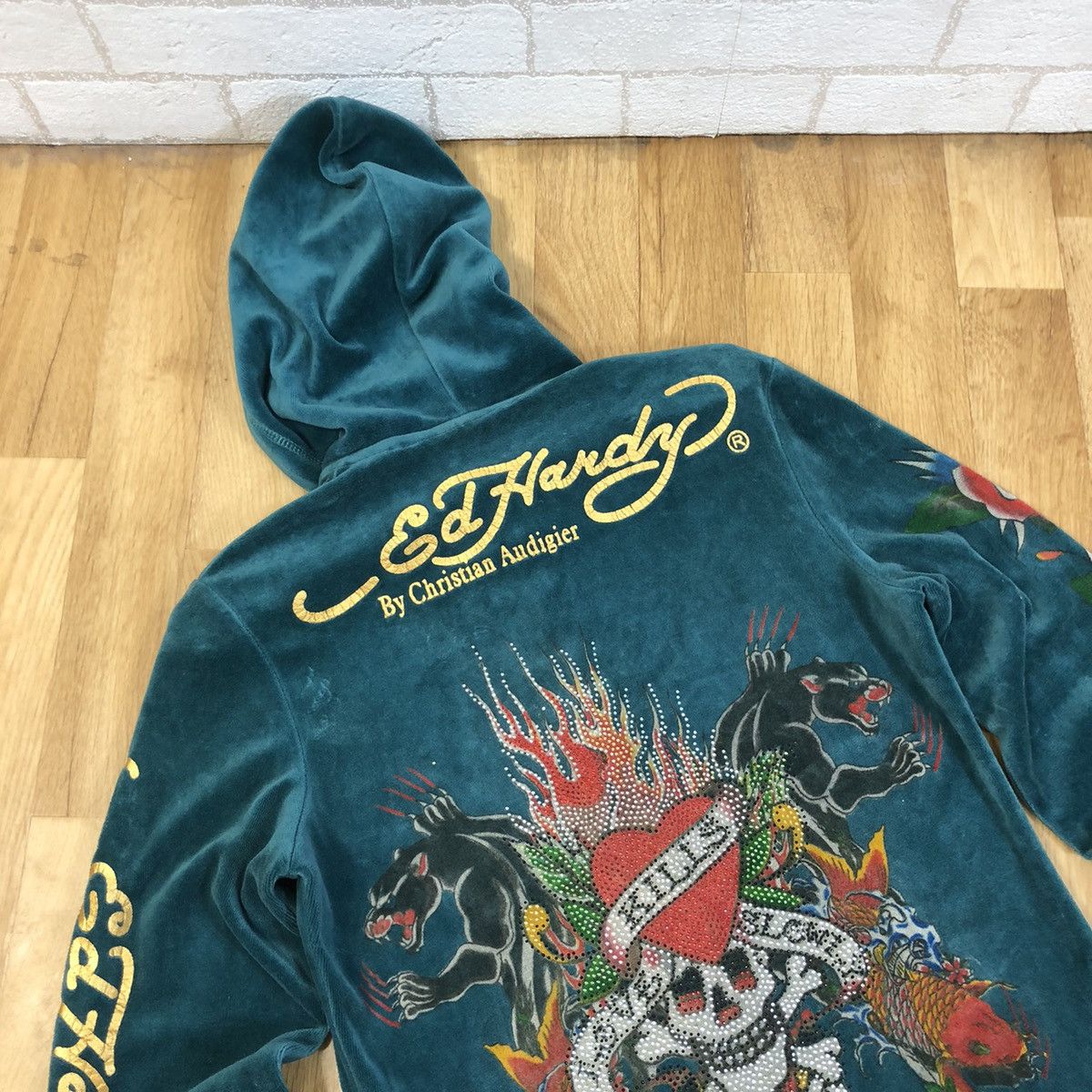 Christian Audigier Rare Vintage Ed Hardy Velvet full Zip Hoodie big logo print Size US L / EU 52-54 / 3 - 10 Thumbnail