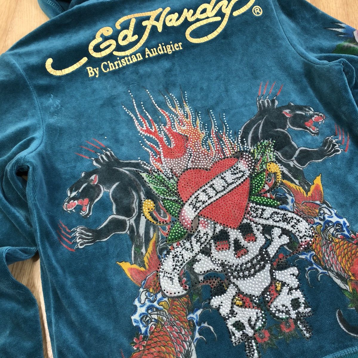 Christian Audigier Rare Vintage Ed Hardy Velvet full Zip Hoodie big logo print Size US L / EU 52-54 / 3 - 12 Thumbnail