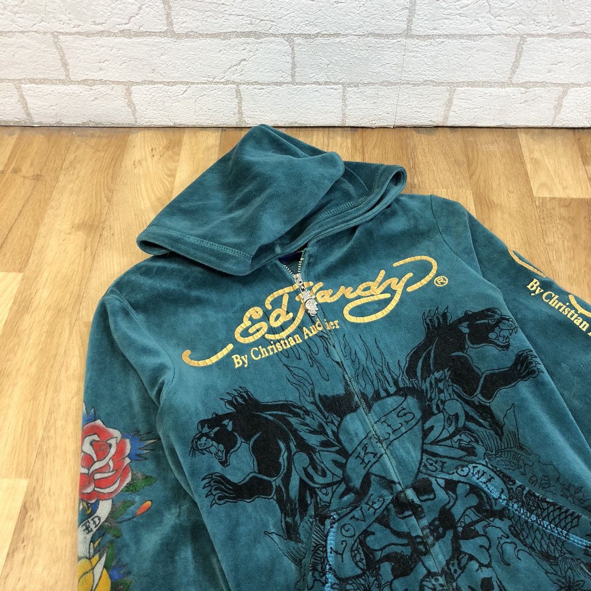 Christian Audigier Rare Vintage Ed Hardy Velvet full Zip Hoodie big logo print Size US L / EU 52-54 / 3 - 3 Thumbnail