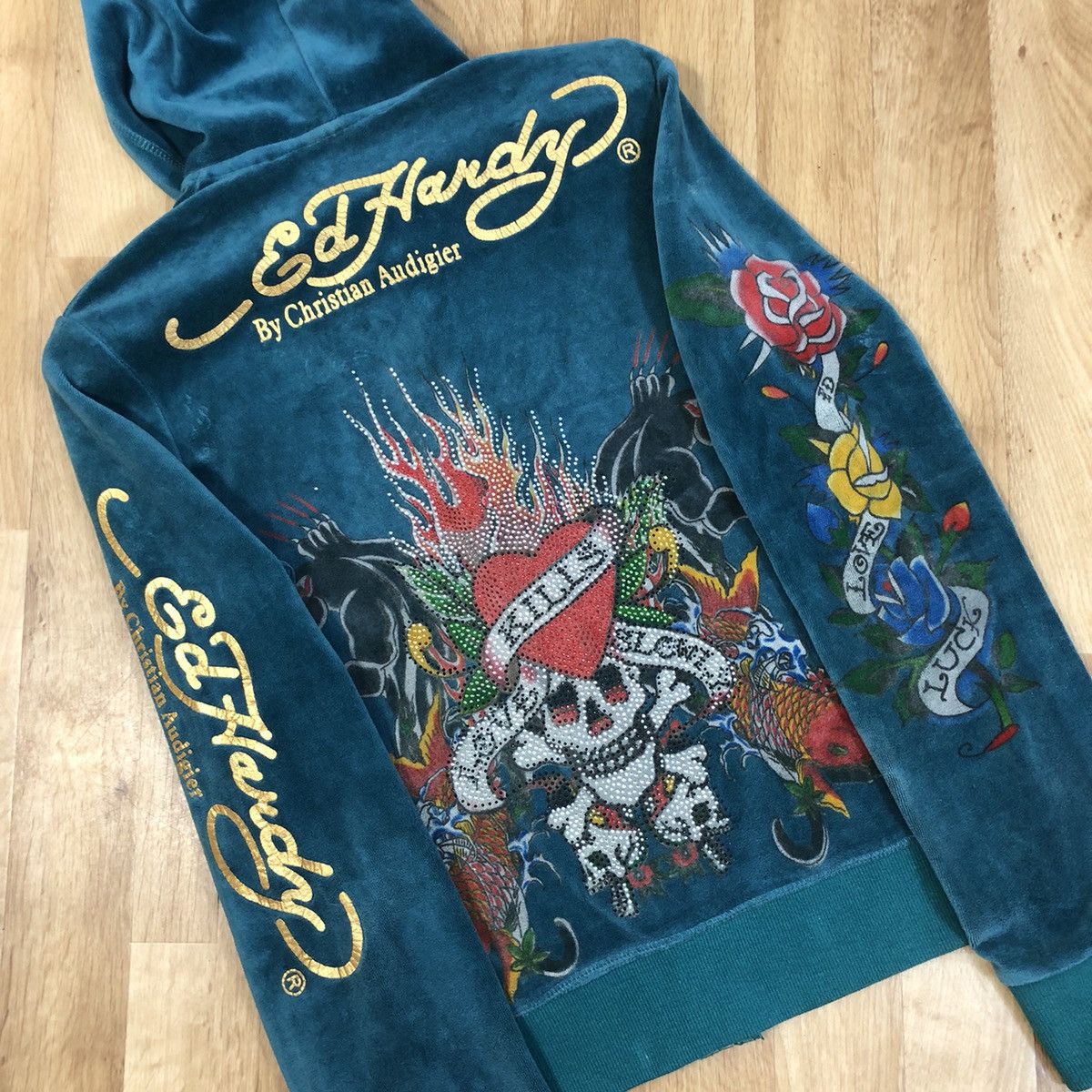 Christian Audigier Rare Vintage Ed Hardy Velvet full Zip Hoodie big logo print Size US L / EU 52-54 / 3 - 16 Thumbnail