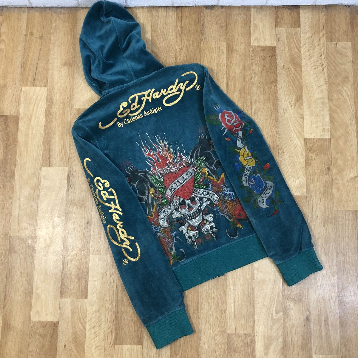 Christian Audigier Rare Vintage Ed Hardy Velvet full Zip Hoodie big logo print Size US L / EU 52-54 / 3 - 15 Thumbnail