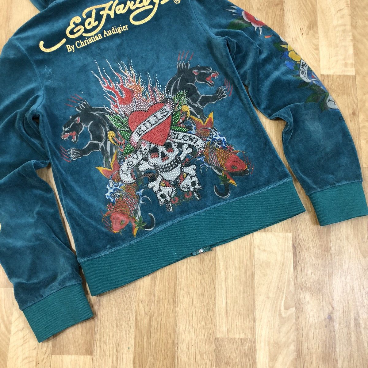 Christian Audigier Rare Vintage Ed Hardy Velvet full Zip Hoodie big logo print Size US L / EU 52-54 / 3 - 11 Thumbnail