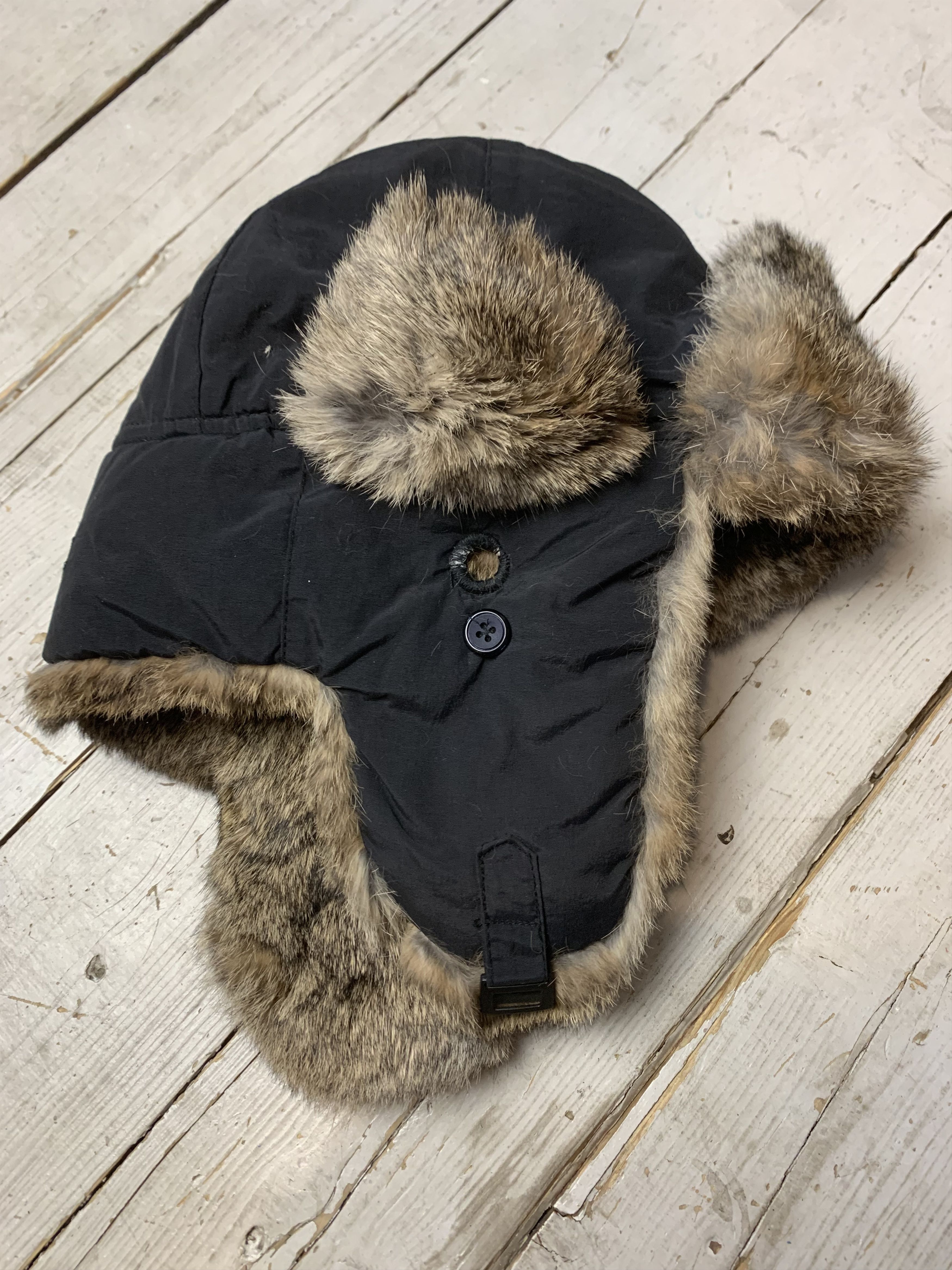 Vintage Babushka Real Fur Rabbit Fleece Trapper Waxed Hat Black Size ONE SIZE - 6 Thumbnail