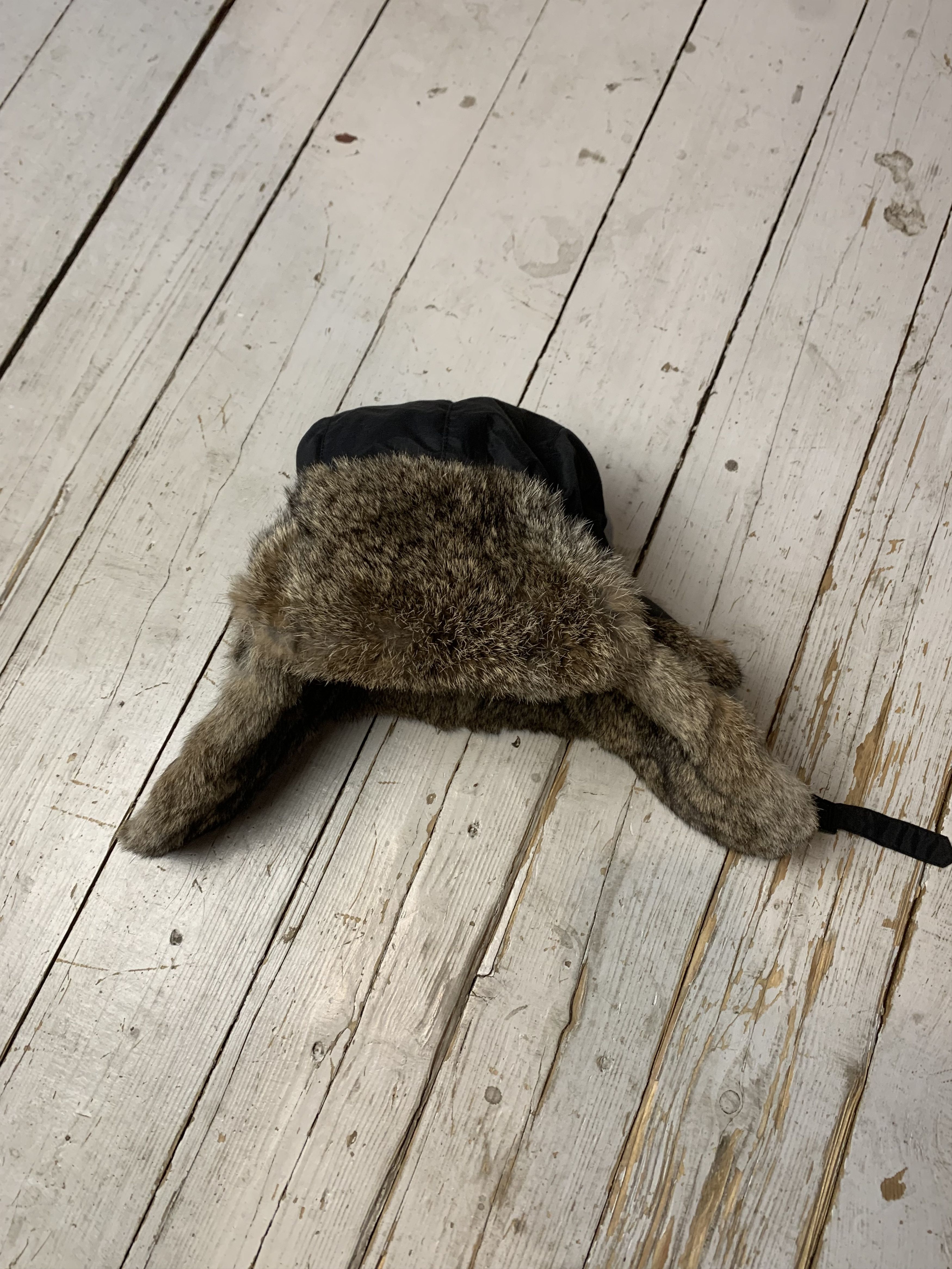 Vintage Babushka Real Fur Rabbit Fleece Trapper Waxed Hat Black Size ONE SIZE - 2 Thumbnail