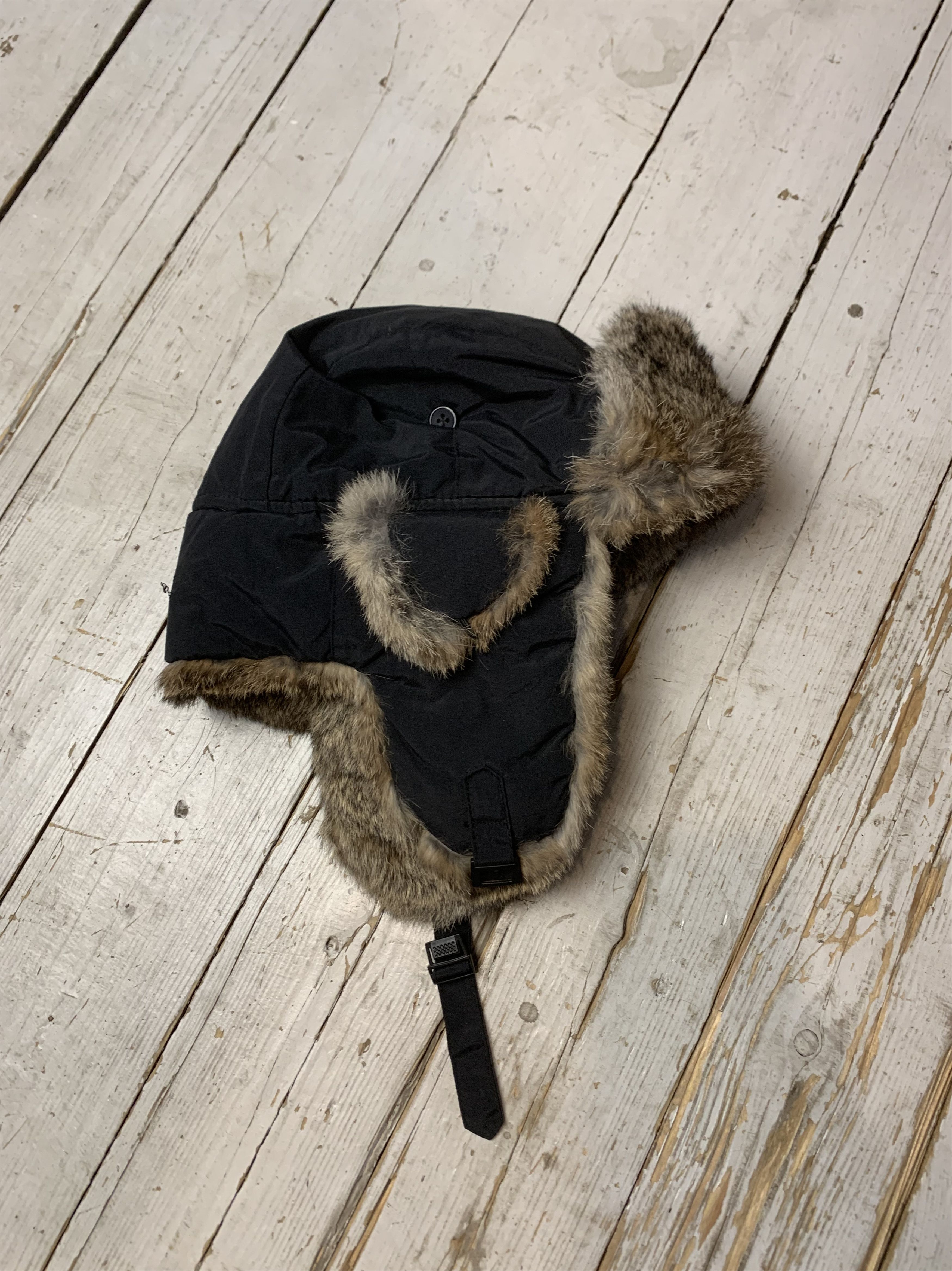 Vintage Babushka Real Fur Rabbit Fleece Trapper Waxed Hat Black Size ONE SIZE - 1 Thumbnail