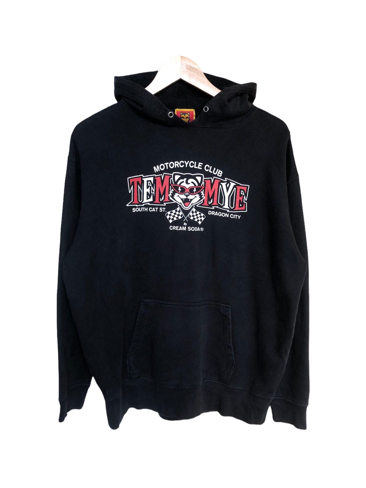 image of cream Soda X Temmye Motorcycle Clup Dragon City Hoodie in Black, Men's (Size XL)