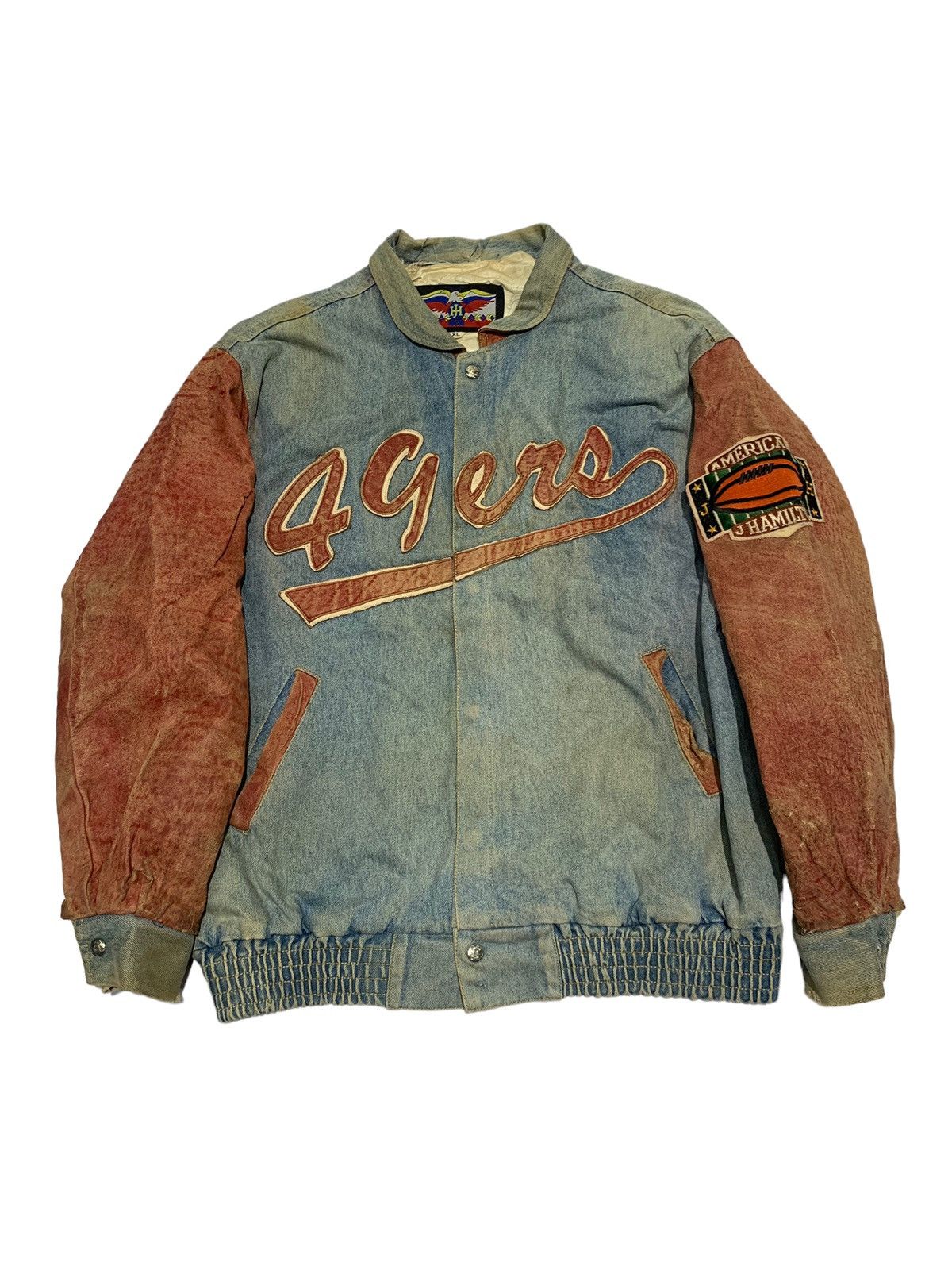 Jeff Hamilton 🔥VTG JEFF HAMILTON 49ERS DENIM AND LEATHER SLEEVES JACKETS Size US XL / EU 56 / 4 - 1 Thumbnail