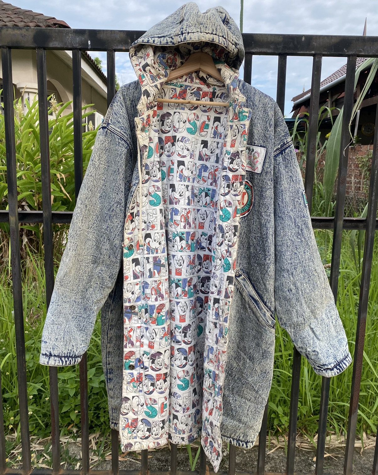 image of Denim Jacket x Disney Vintage Mickey Mouse Fullprint Riversable Denim Long Jacket, Men's (Size XL)