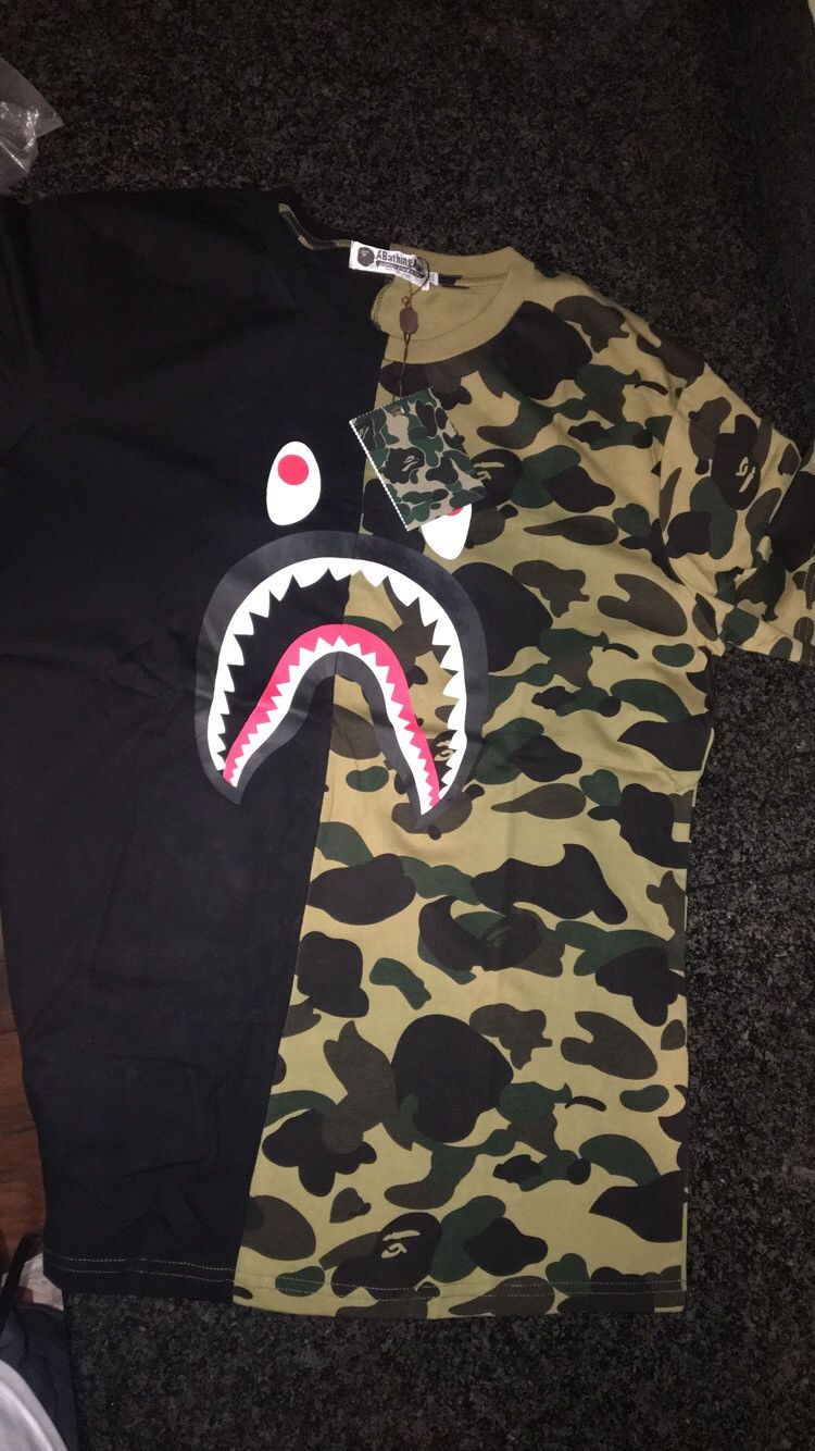 Half black half camo cheap bape shirt