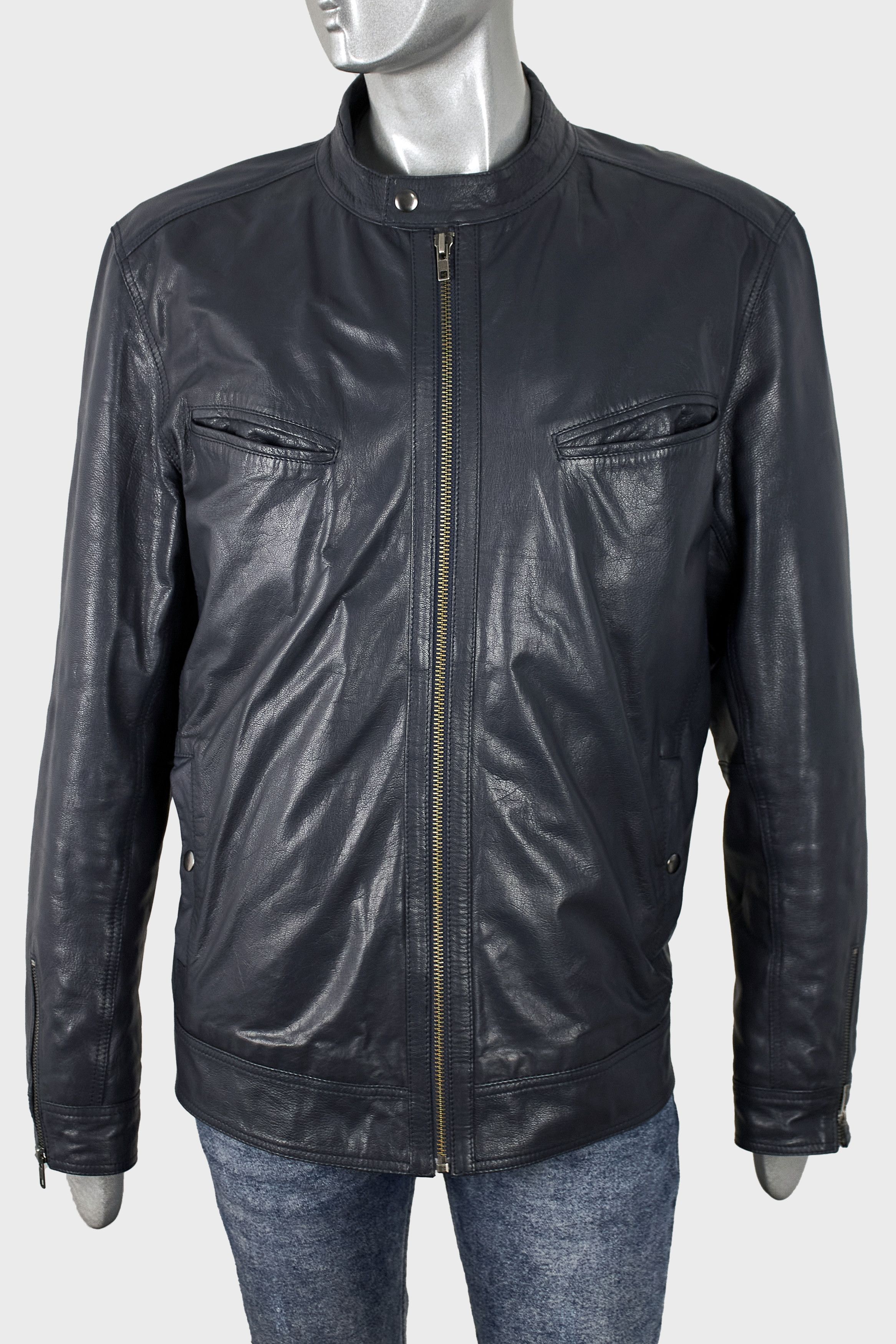 Asos Asos men's dark blue leather cafe racer jacket Size US XL / EU 56 / 4 - 2 Thumbnail