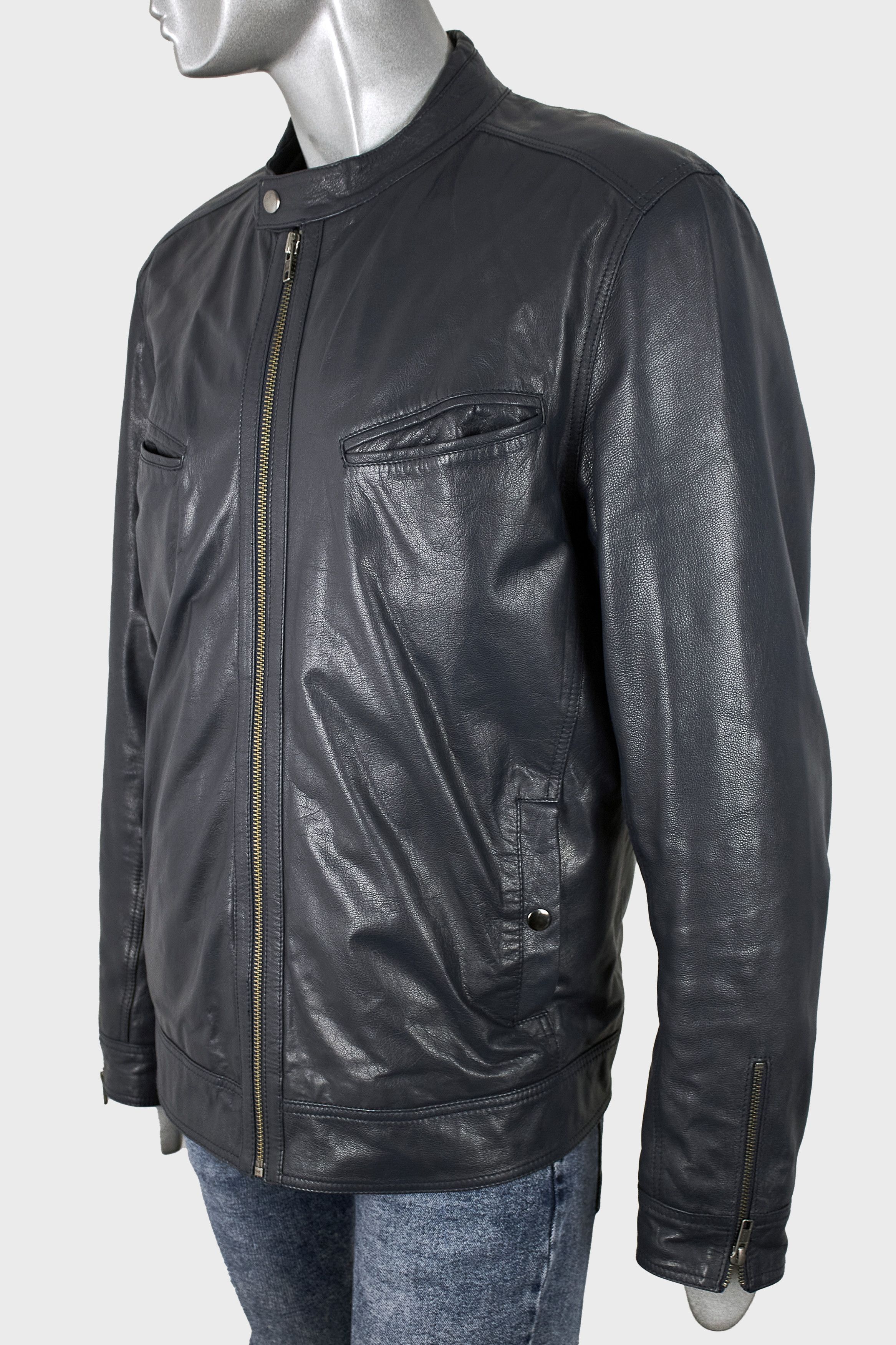 Asos Asos men's dark blue leather cafe racer jacket Size US XL / EU 56 / 4 - 3 Thumbnail