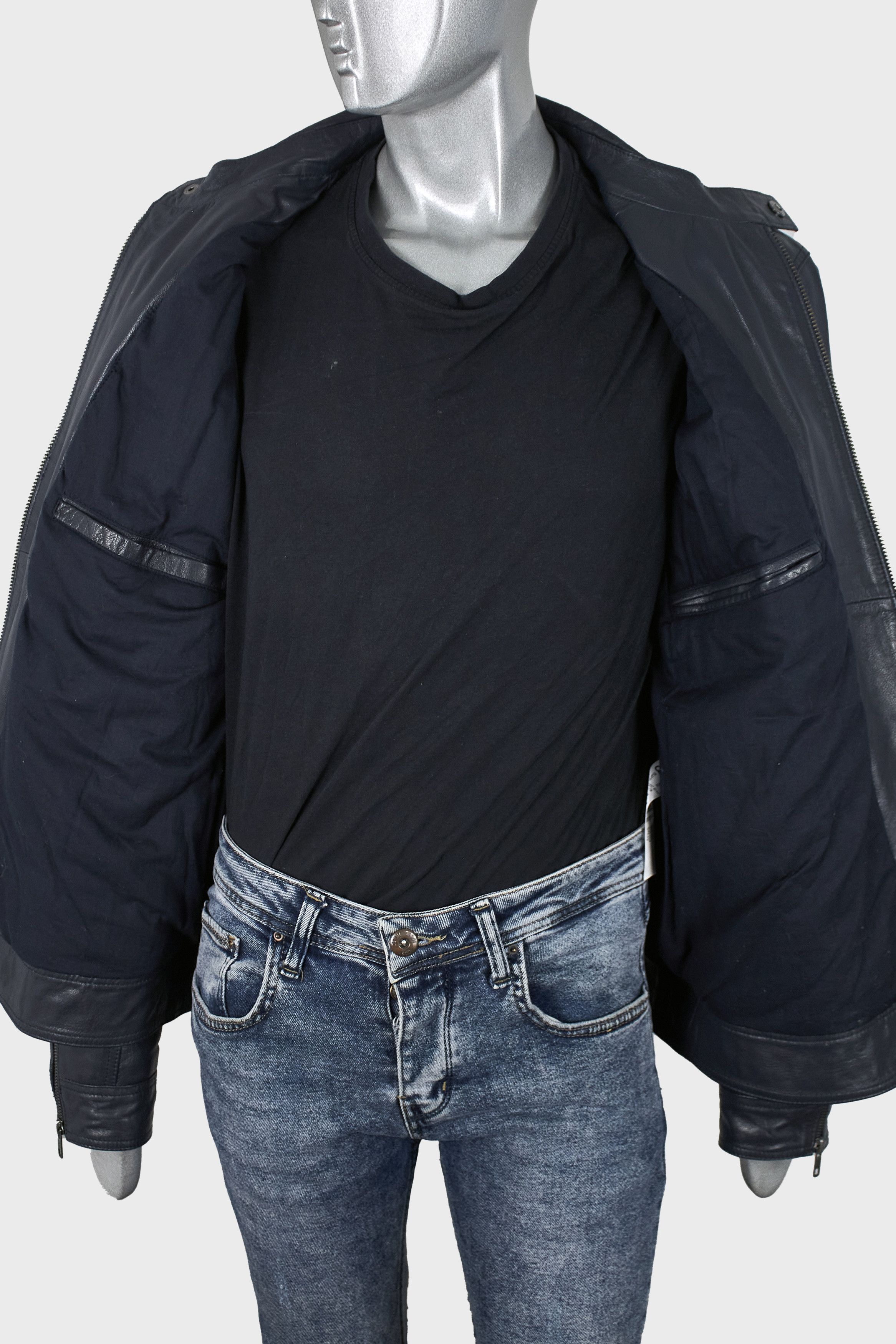 Asos Asos men's dark blue leather cafe racer jacket Size US XL / EU 56 / 4 - 13 Thumbnail