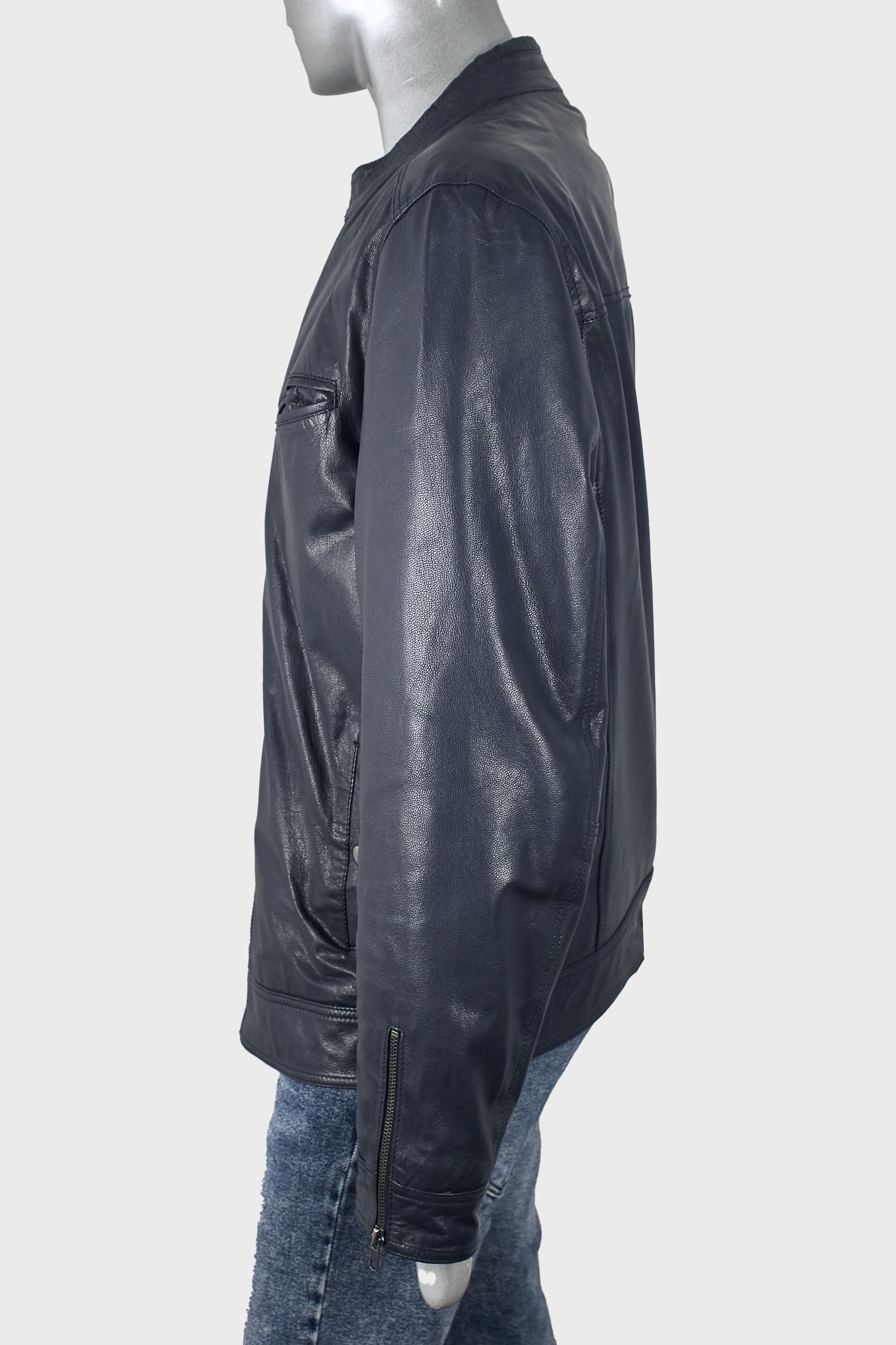 Asos Asos men's dark blue leather cafe racer jacket Size US XL / EU 56 / 4 - 4 Thumbnail