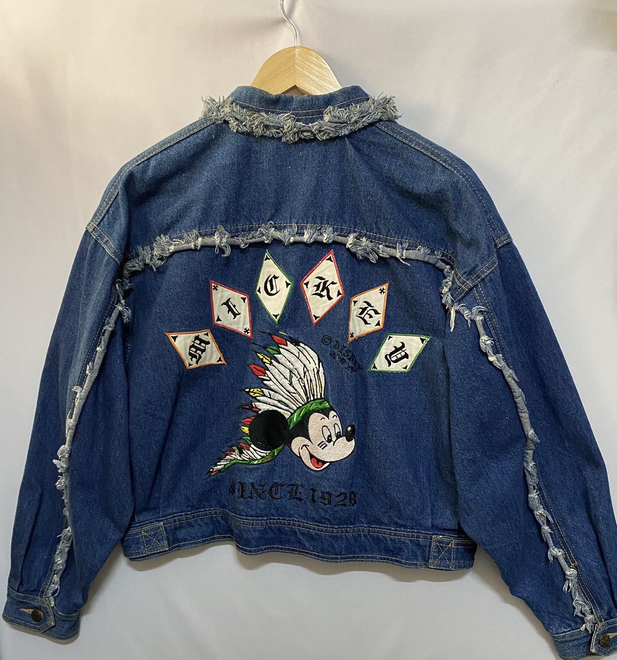image of Mickey Mouse Tribe Embroidery Denim Jacket in Blue Denim, Men's (Size Large)