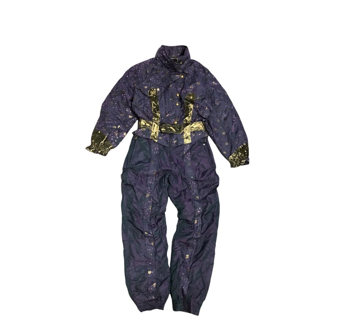 Goldwin × Japanese Brand × Vintage Vintage Ski Jumpsuit Floral Goldwin Gold Purple Coverall Size US 28 / EU 44 - 1 Thumbnail