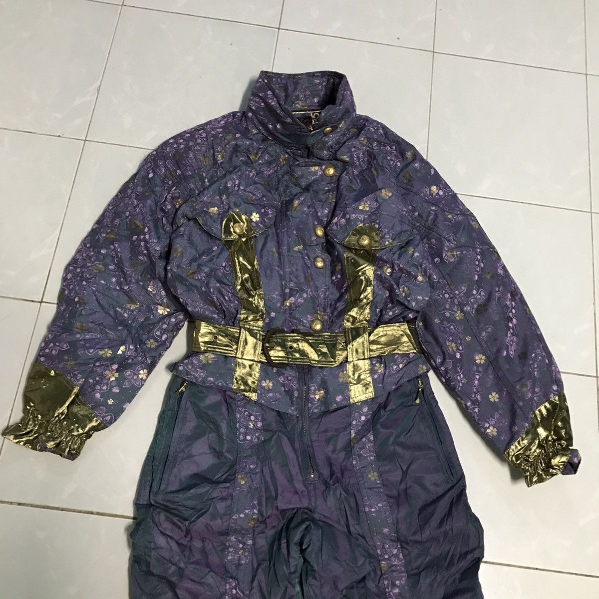 Goldwin × Japanese Brand × Vintage Vintage Ski Jumpsuit Floral Goldwin Gold Purple Coverall Size US 28 / EU 44 - 2 Thumbnail