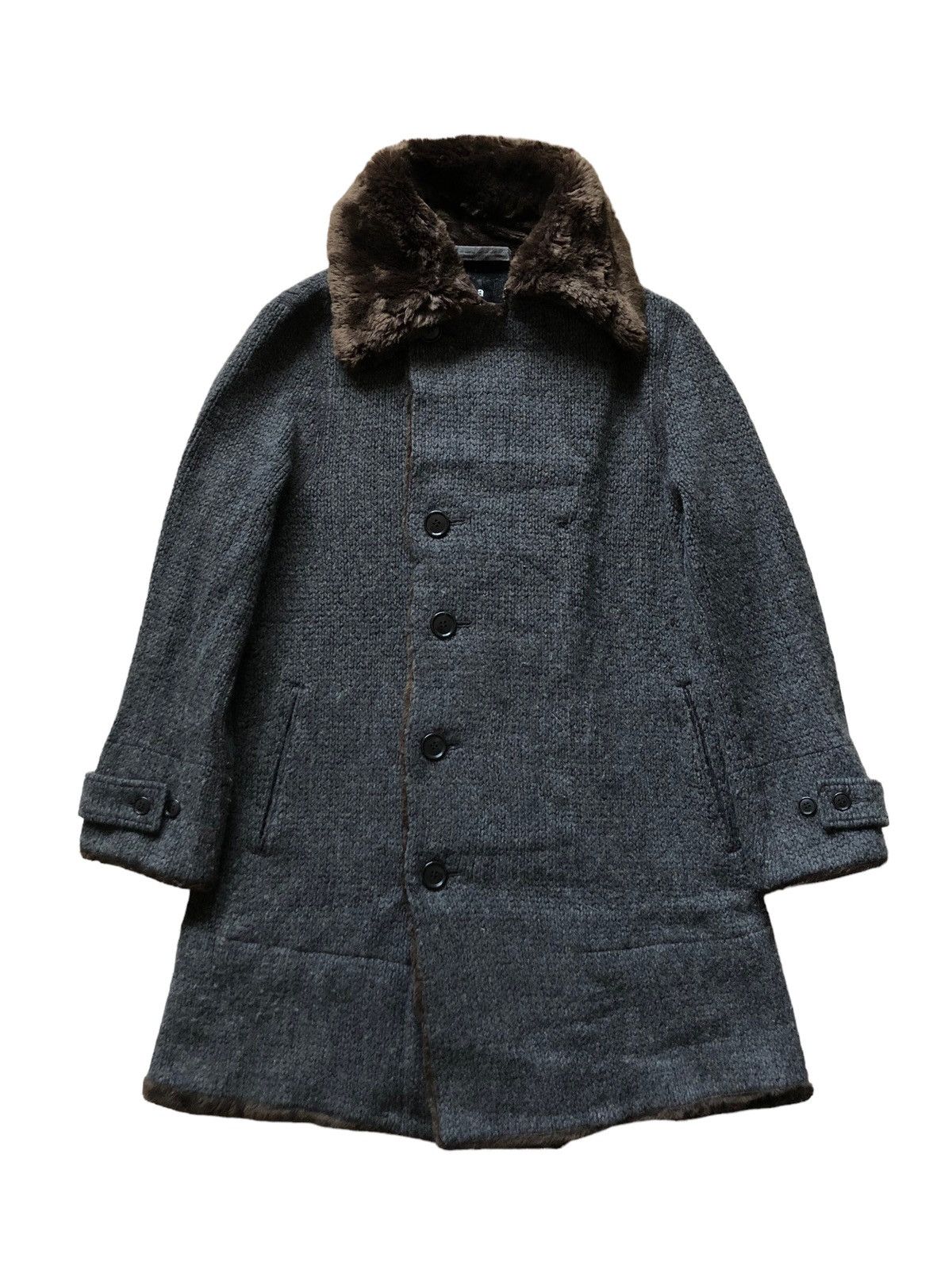 image of 1990S Cabane De Zucca Heavy Knit Fur Collar Jacket in Grey, Men's (Size Medium)