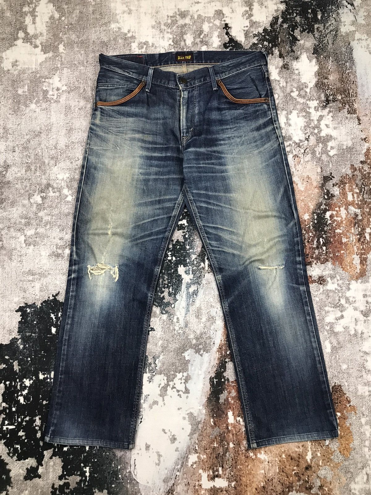 image of Distressed Denim x Edwin Vintage Edwin Blue Trip Distressed Designs Denim Jeans, Men's (Size 34)