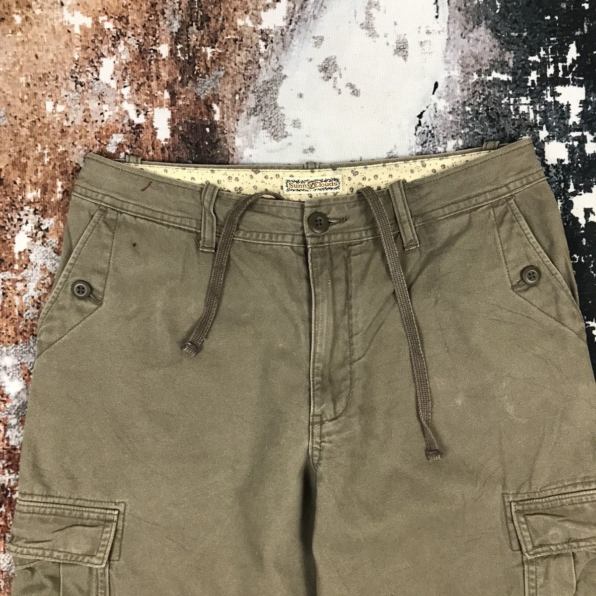 Japanese Brand × Vintage Vintage Japanese Sunny Clouds Khaki Green Flare Cargo Pants Size 29" - 3 Thumbnail