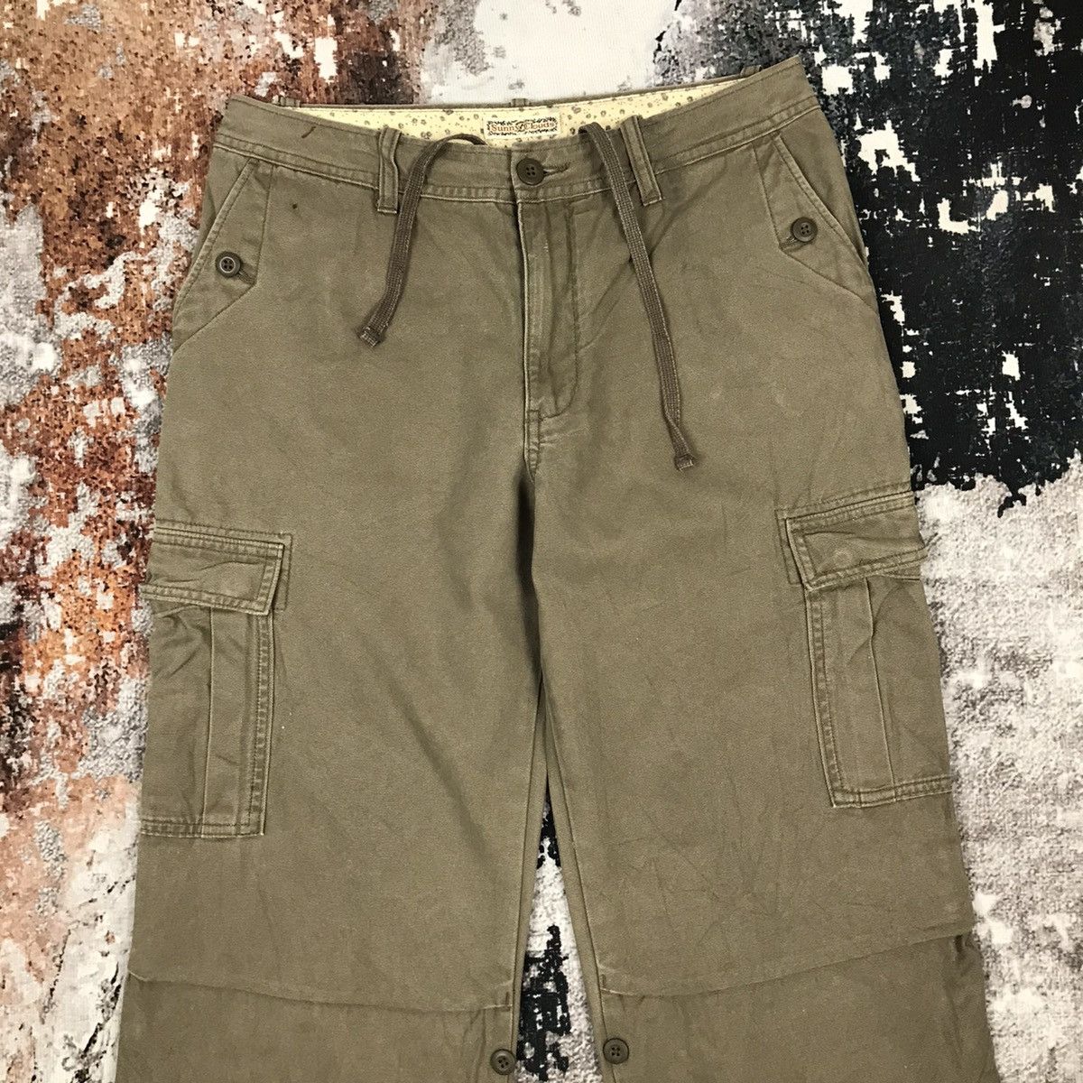 Japanese Brand × Vintage Vintage Japanese Sunny Clouds Khaki Green Flare Cargo Pants Size 29" - 2 Thumbnail