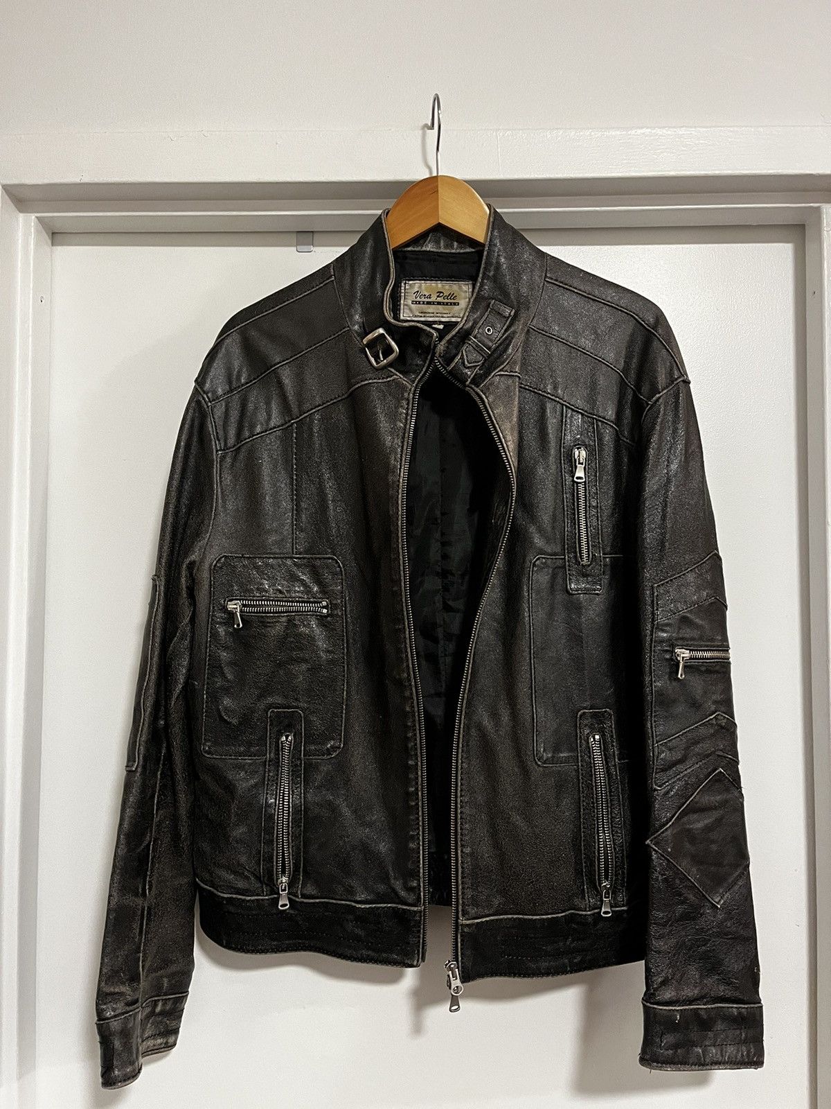 image of Vintage Italian Leather Motorcycle Jacket in Black, Men's (Size XL)