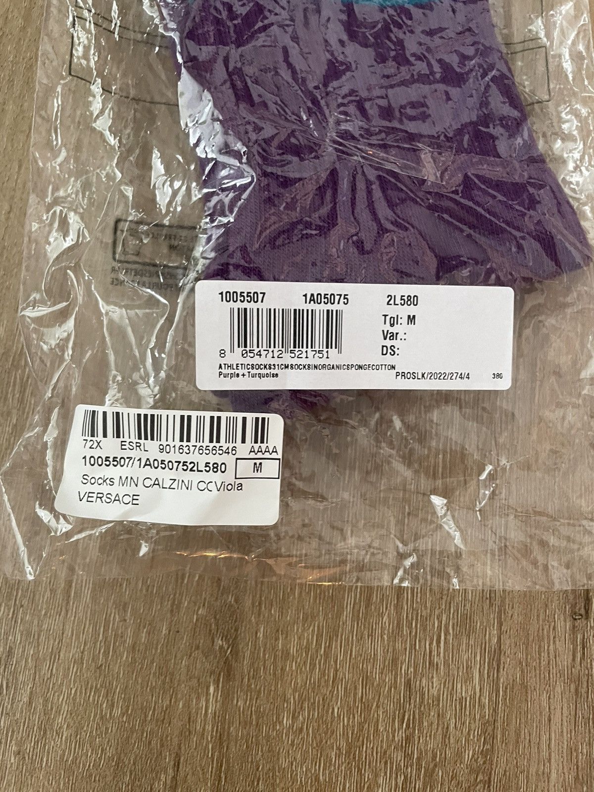 Versace Stripe Knit Text Logo Spun Athletic Socks MED Purple