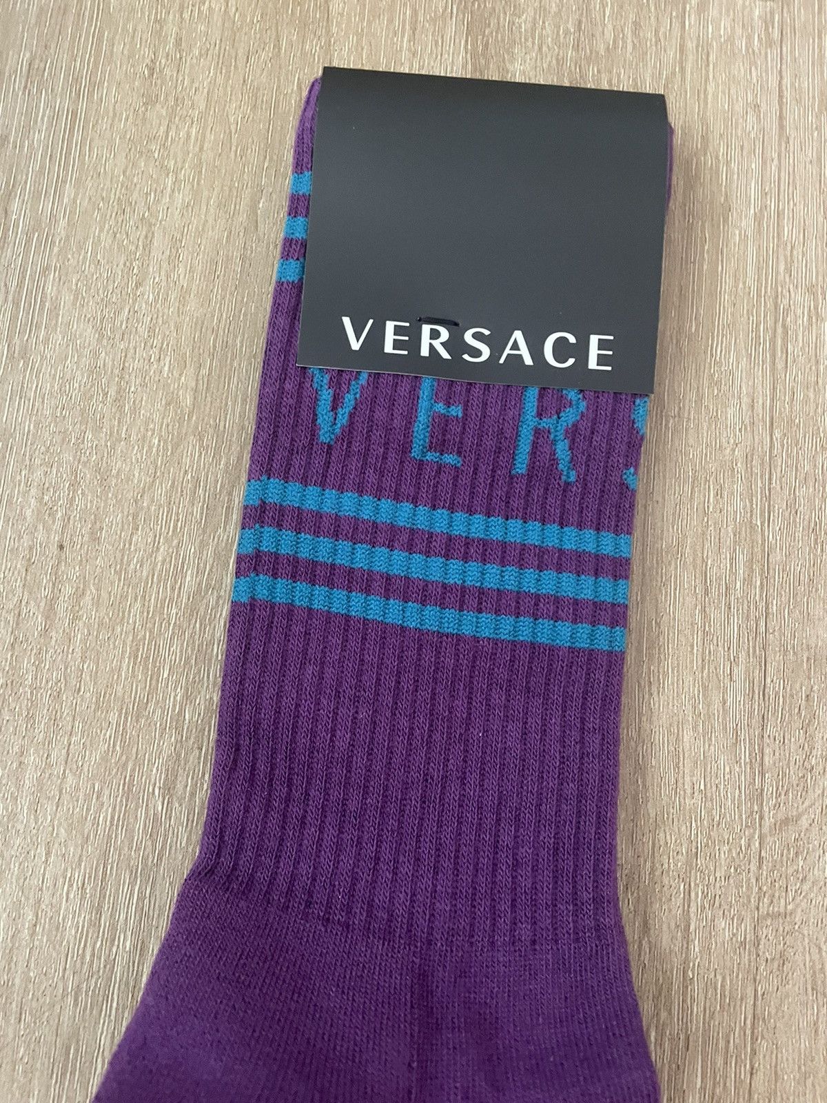 Versace Stripe Knit Text Logo Spun Athletic Socks MED Purple