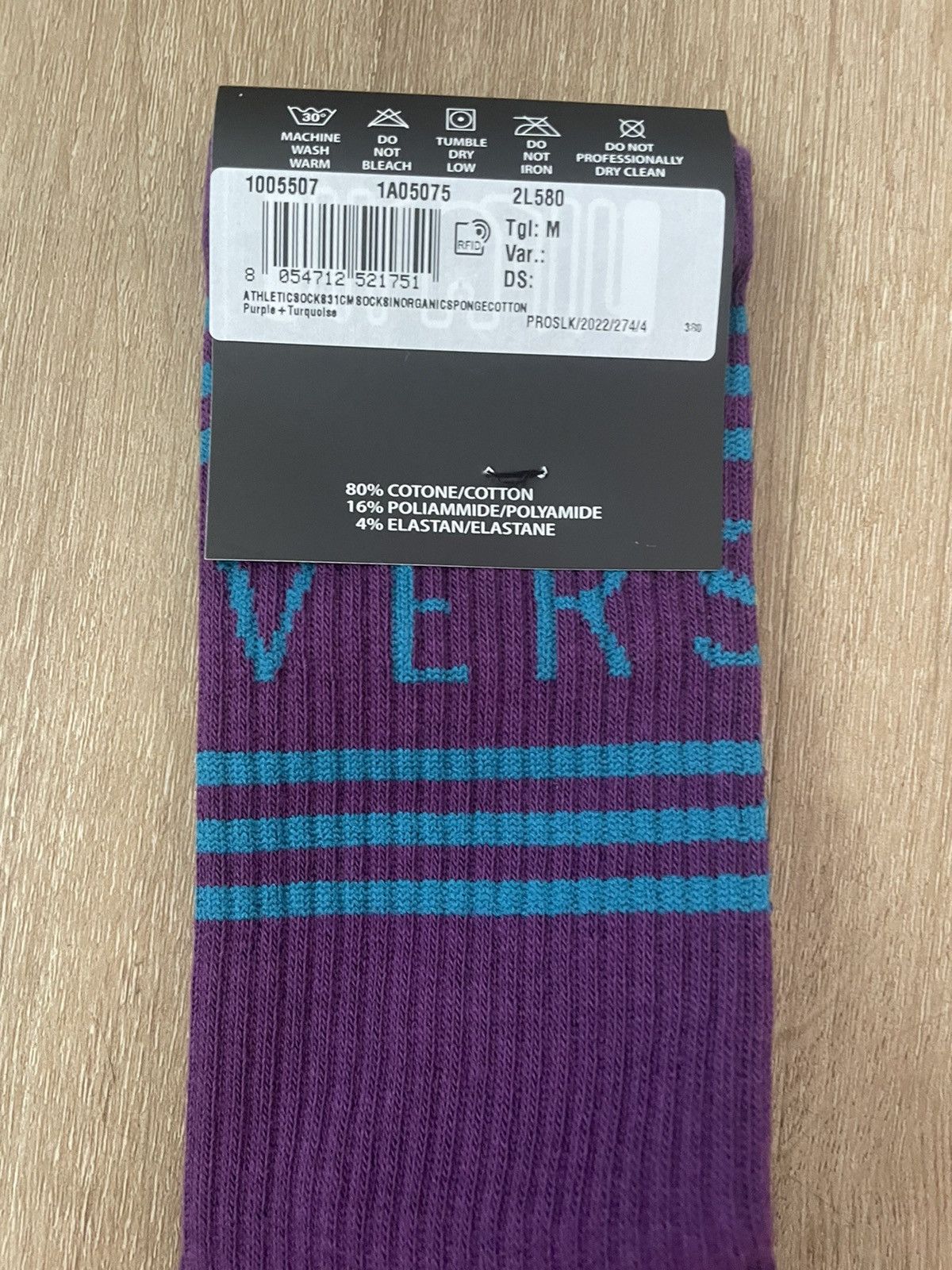 Versace Stripe Knit Text Logo Spun Athletic Socks MED Purple
