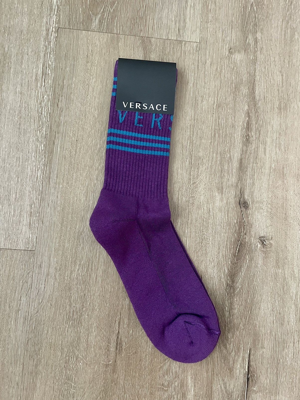 Versace Stripe Knit Text Logo Spun Athletic Socks MED Purple