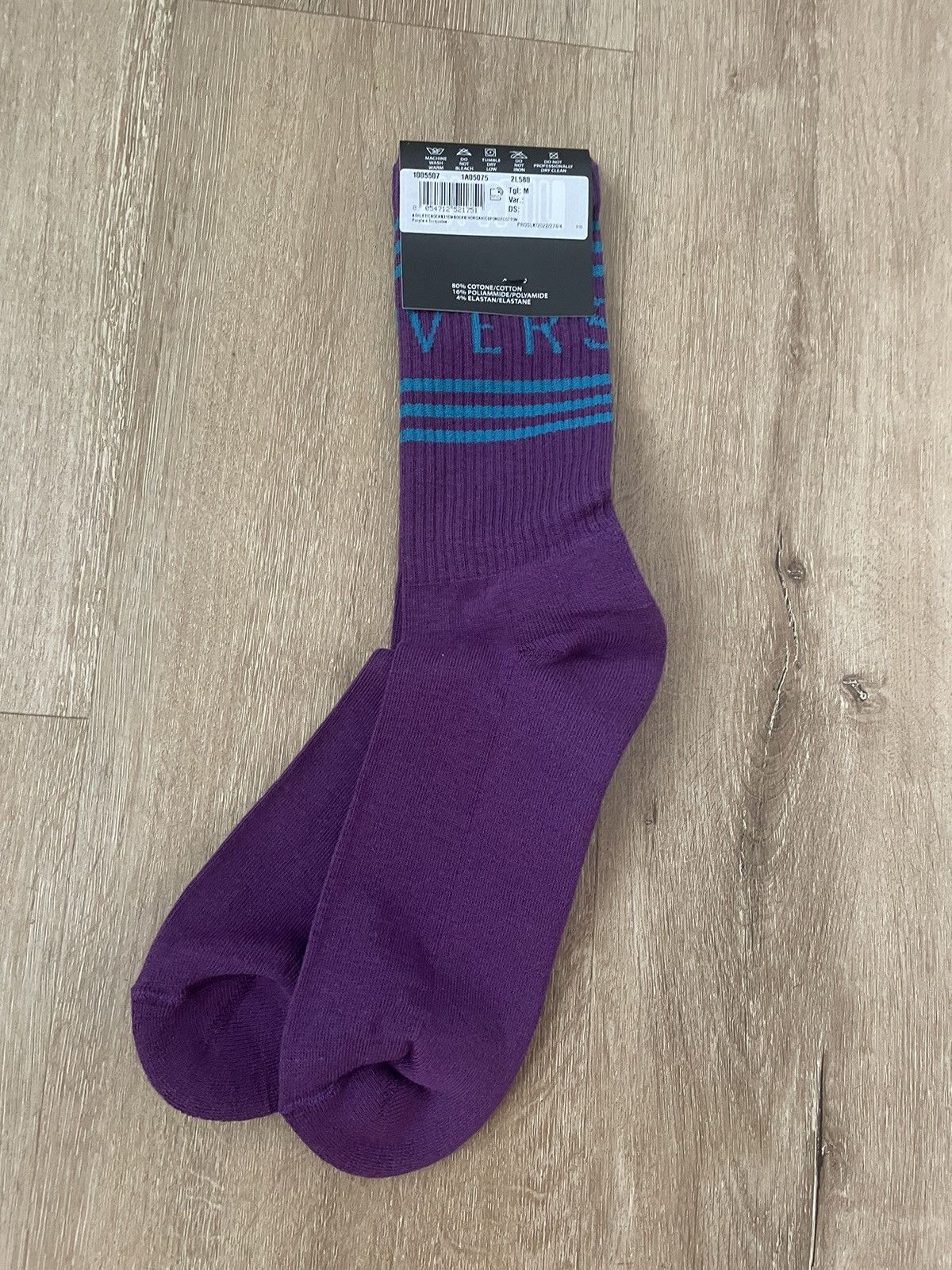 Versace Stripe Knit Text Logo Spun Athletic Socks MED Purple