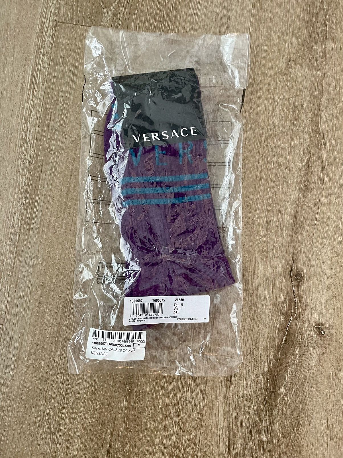 Versace Stripe Knit Text Logo Spun Athletic Socks MED Purple