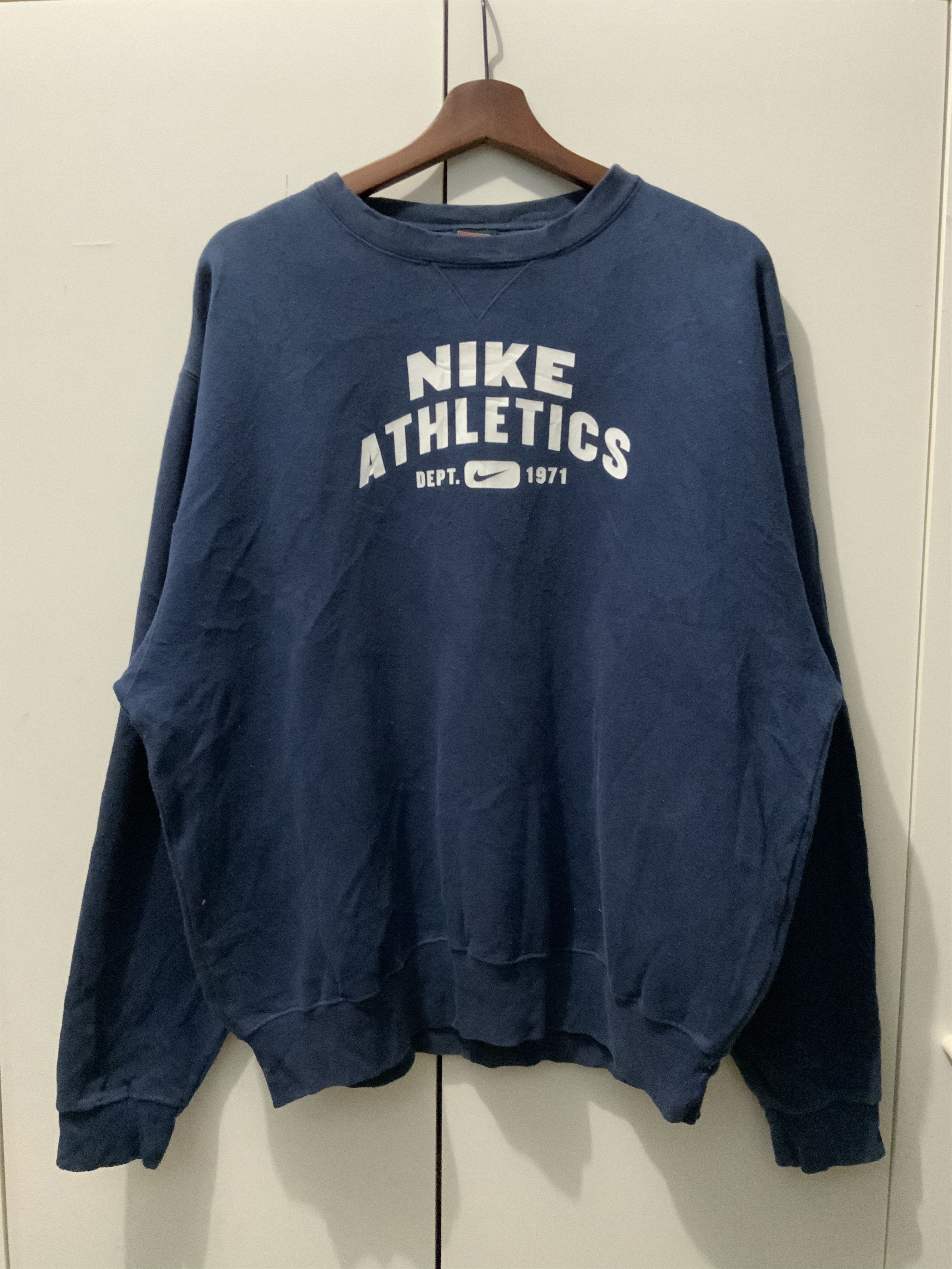 image of Nike Athletics Dept Spell Out Crewneck Sweatshirt in Blue, Men's (Size Medium)