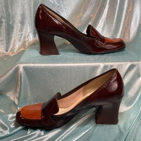 Vintage 70’s Vinyl Cream Rust Block Heel Pumps Shoes Size 6