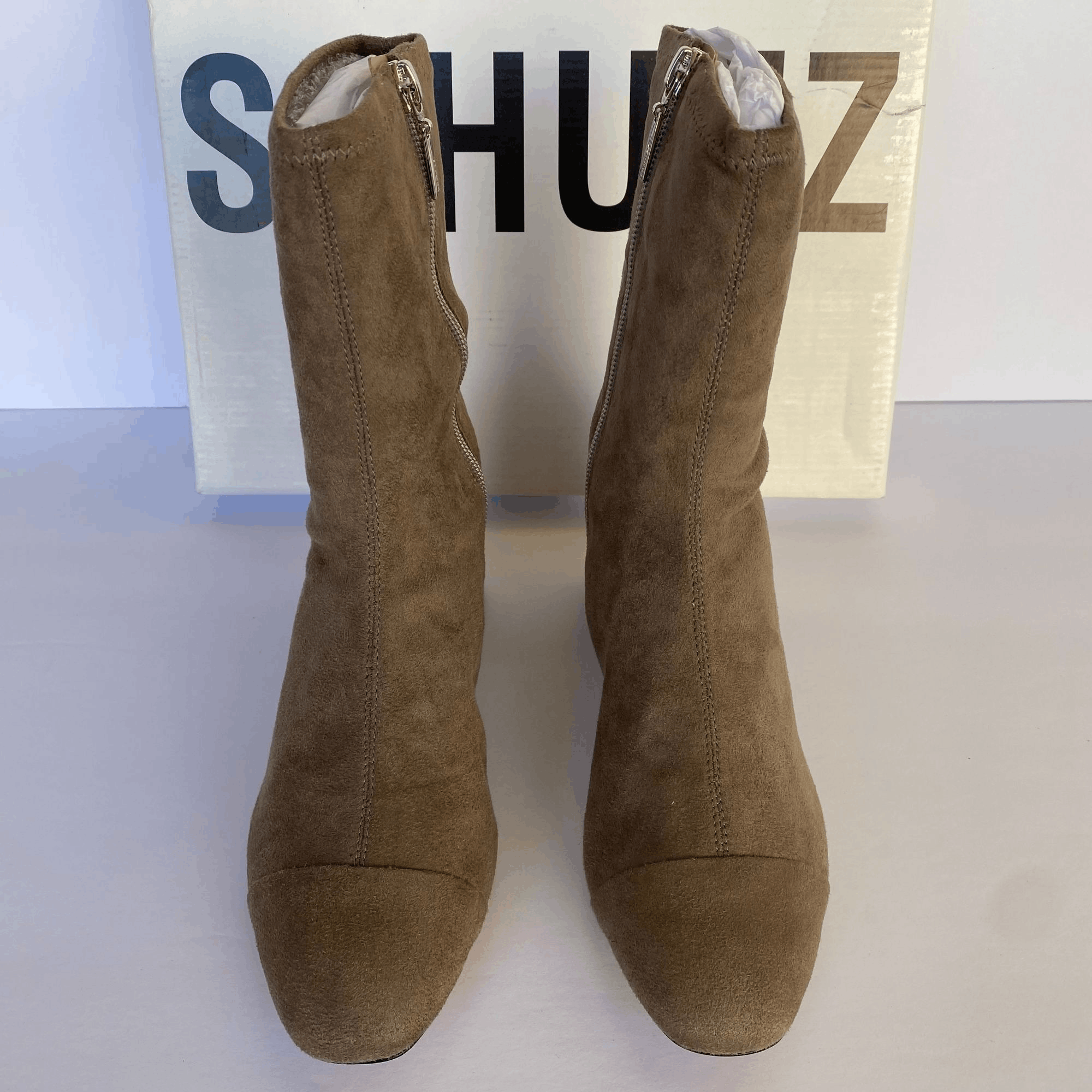 Online NIB SCHUTZ MESSINA STRETCH SUEDE BOOTIE IN MOUSE SZ 7.5