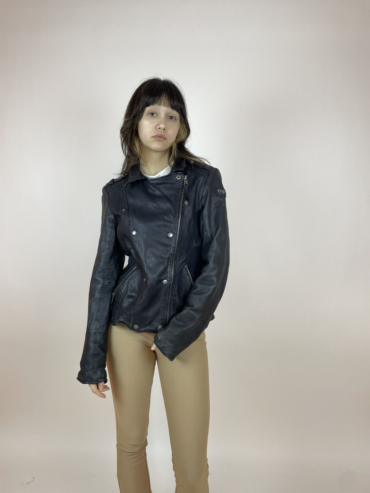 Tigha leather Jacket Womens black biker jacket size Large