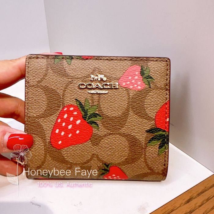 Coach Snap Wallet in Signature Canvas with Wild Strawberry Print Pouch