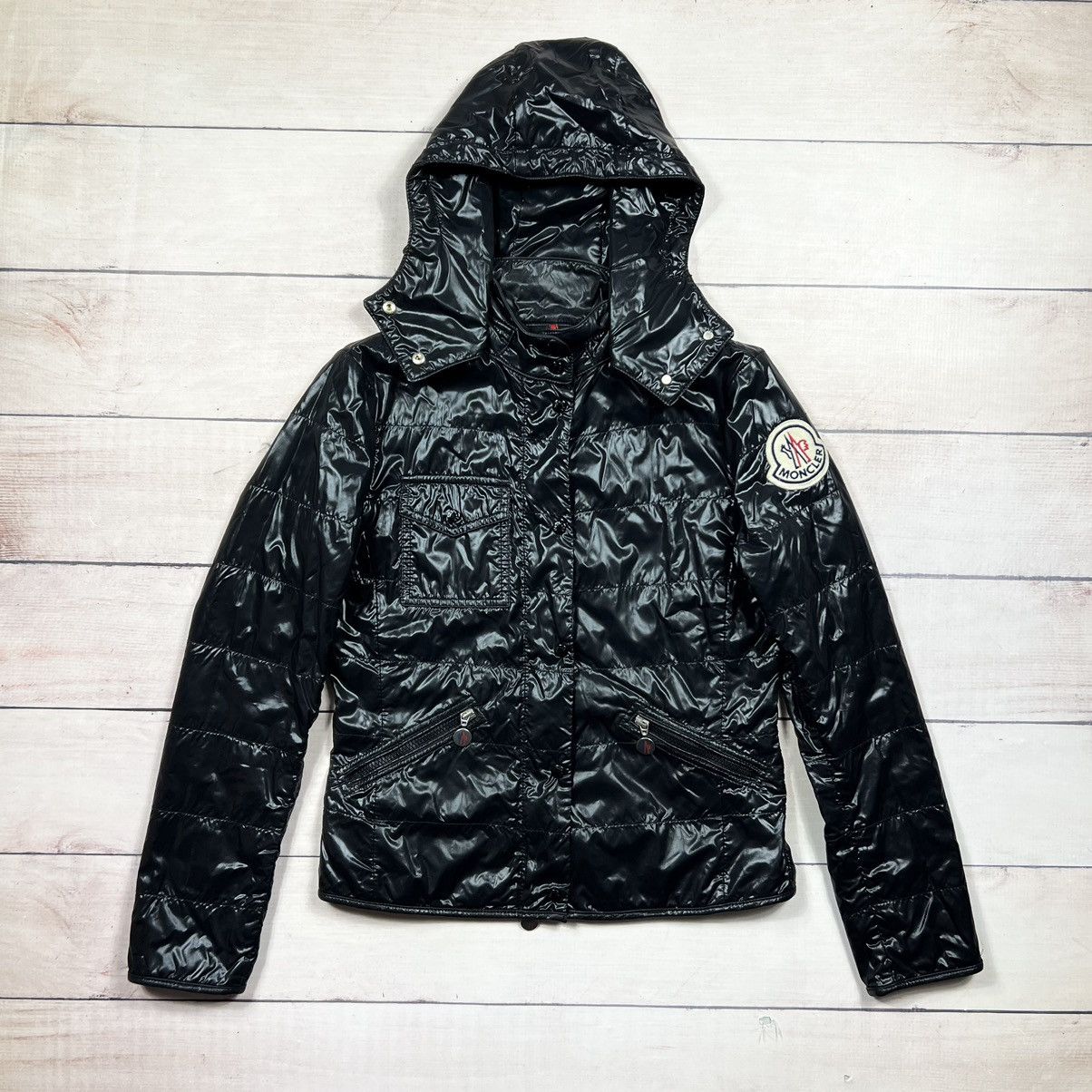 Moncler Moncler Shiny Black Jacket Big Badge Logo Grailed